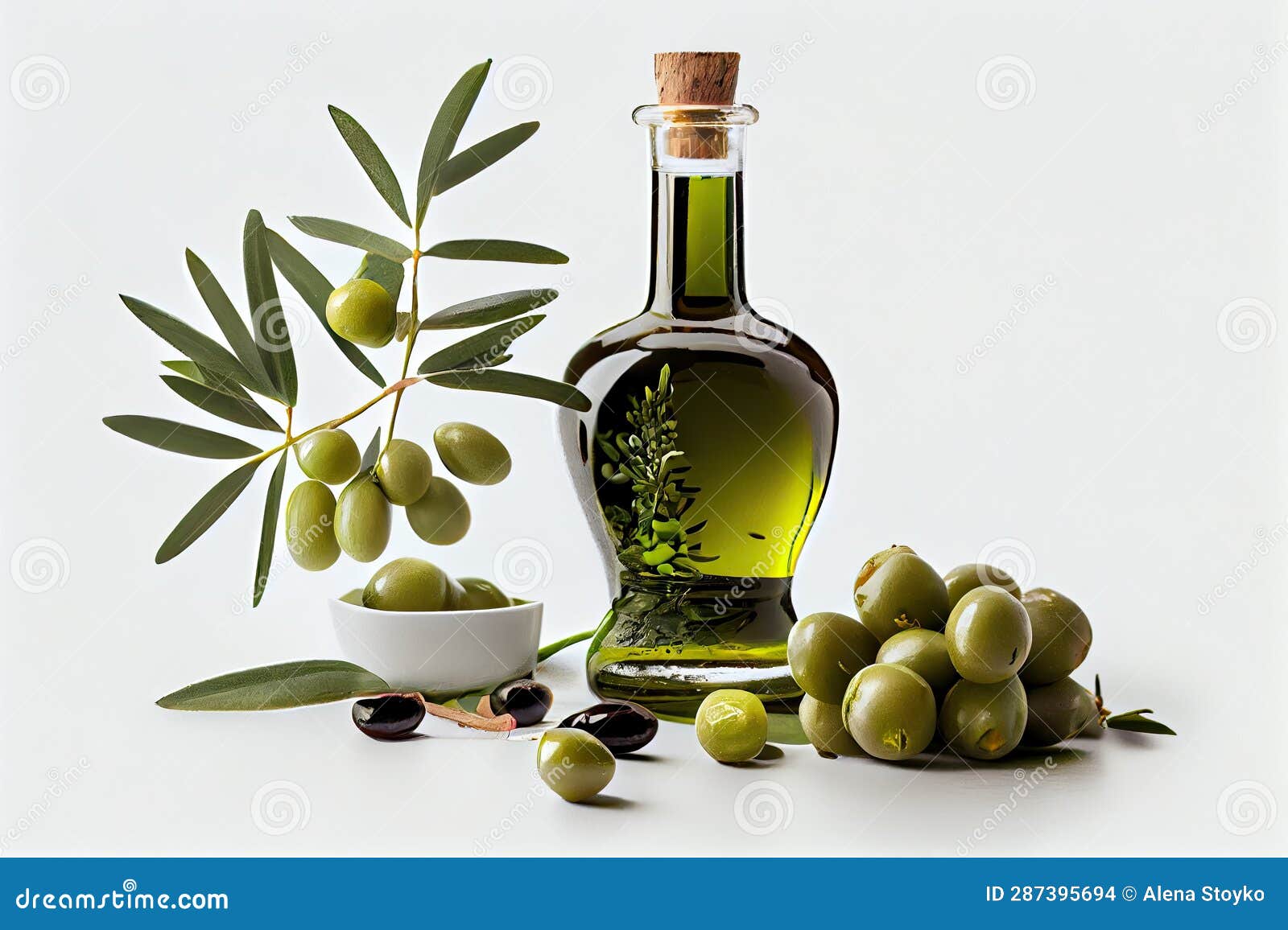 Bottle Olive Oil and Green Olives with Leaves on White Background ...