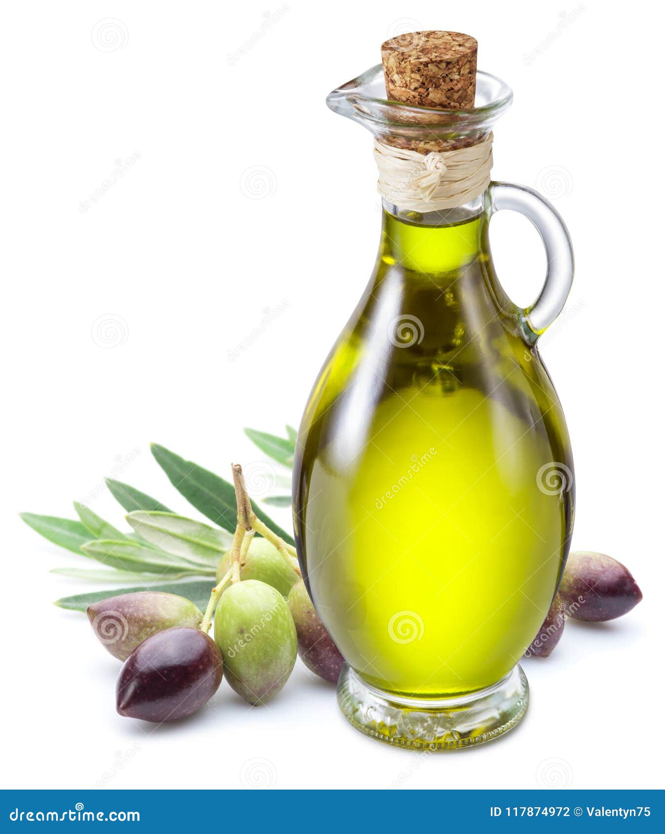 bottle of olive oil and olive berries on white background.