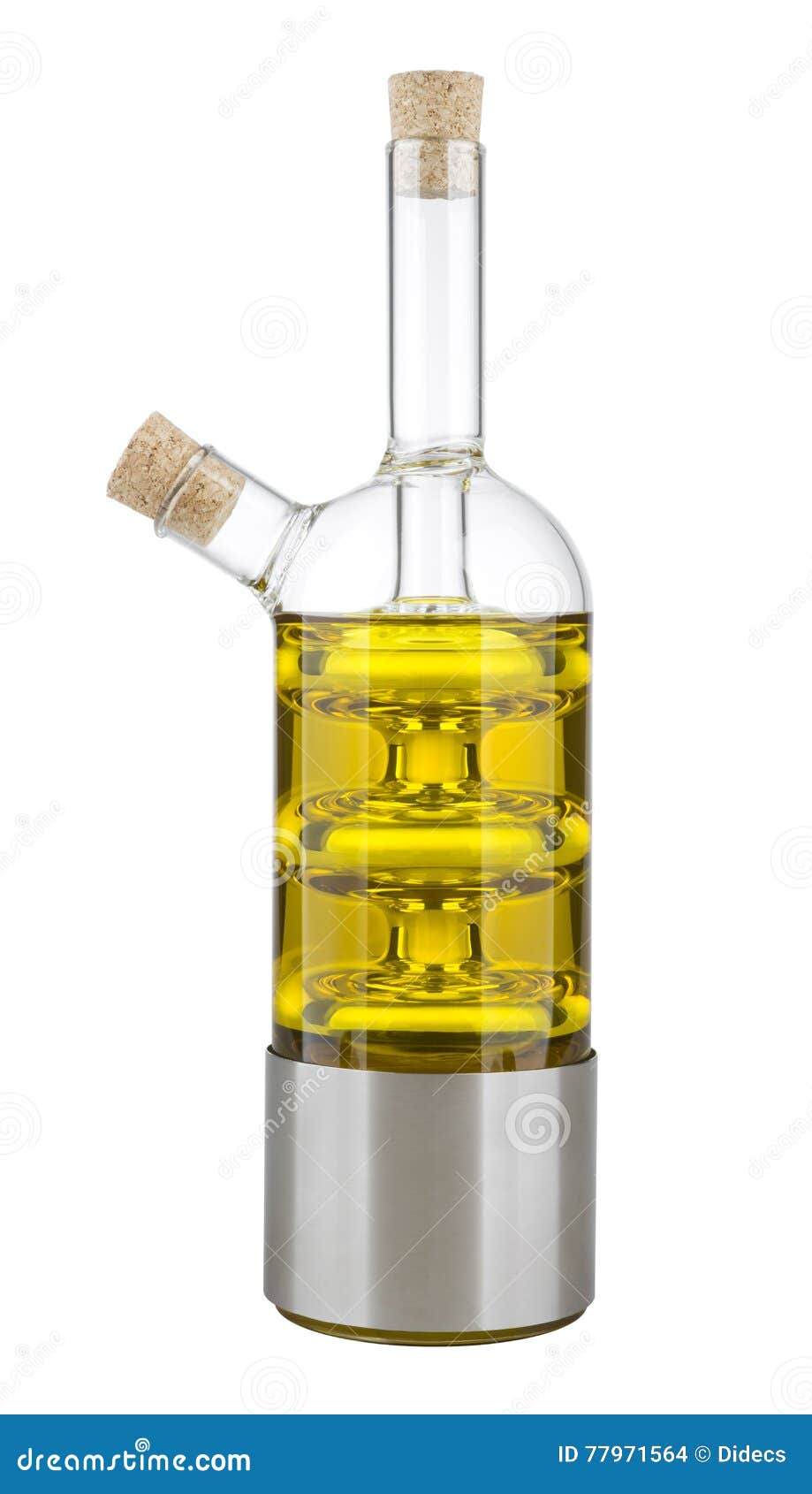 Bottle of Olive Oil with Two Necks and Cork Stoppers Stock Photo