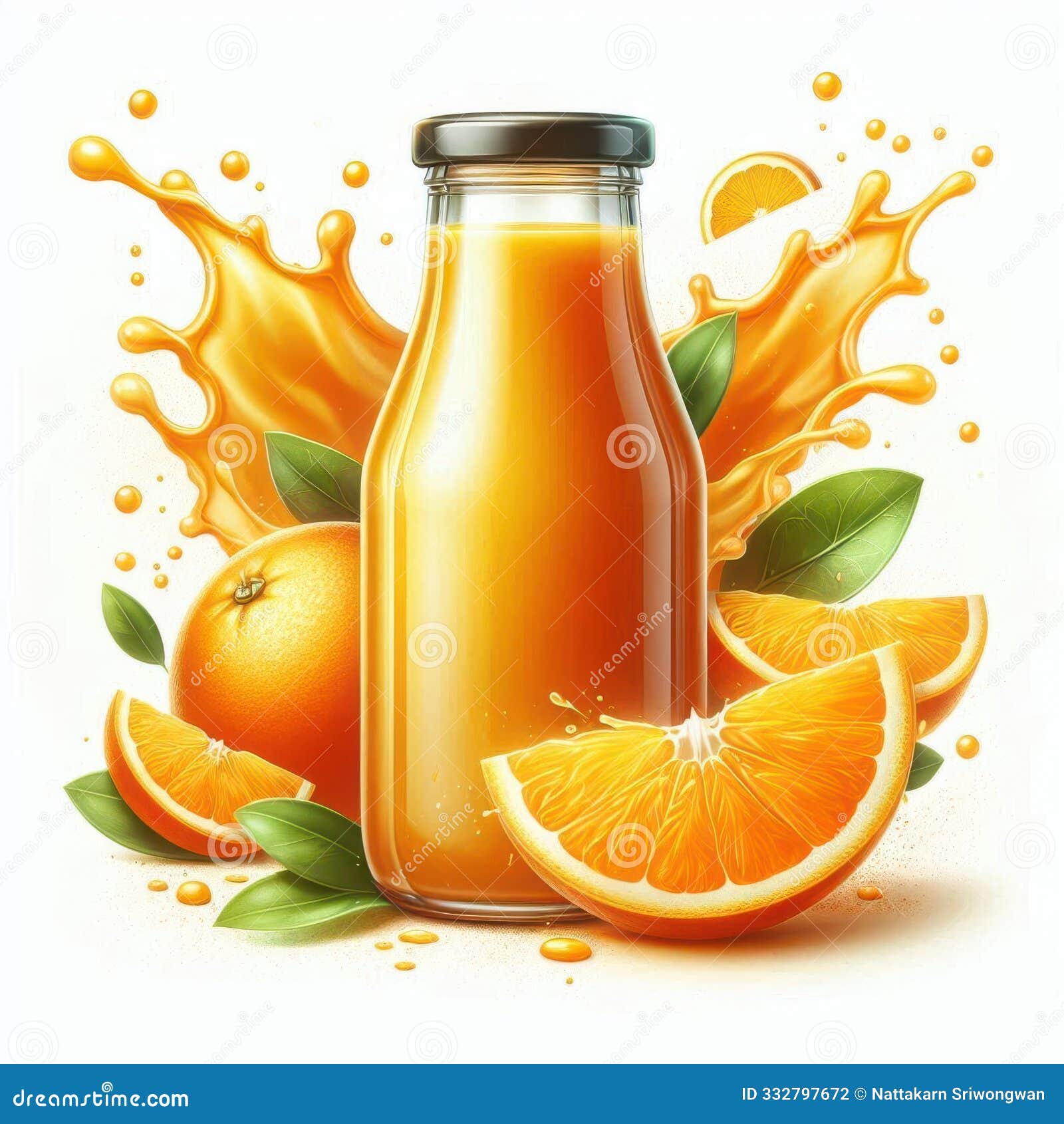 bottle of orange juice with splashing juice and fruit slices, 3d, generative ai