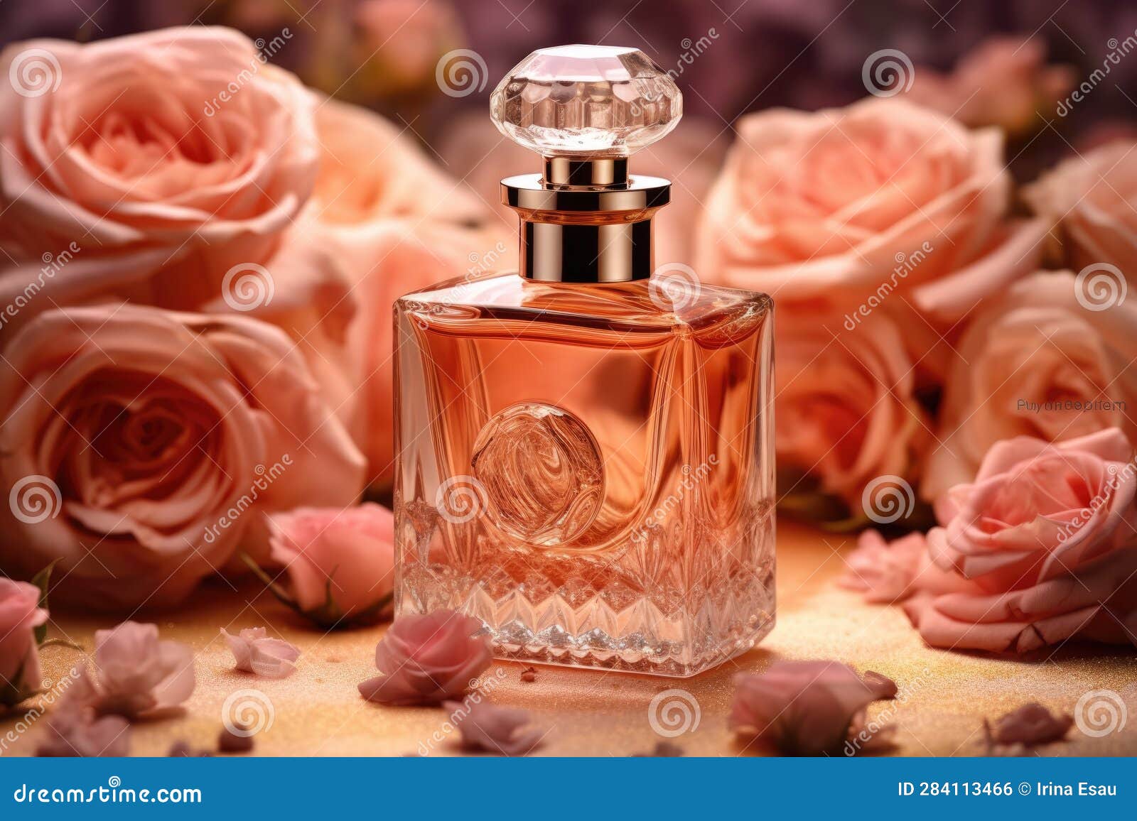 Bottle of Perfume on a Background of Pink Roses. AI Generated Stock