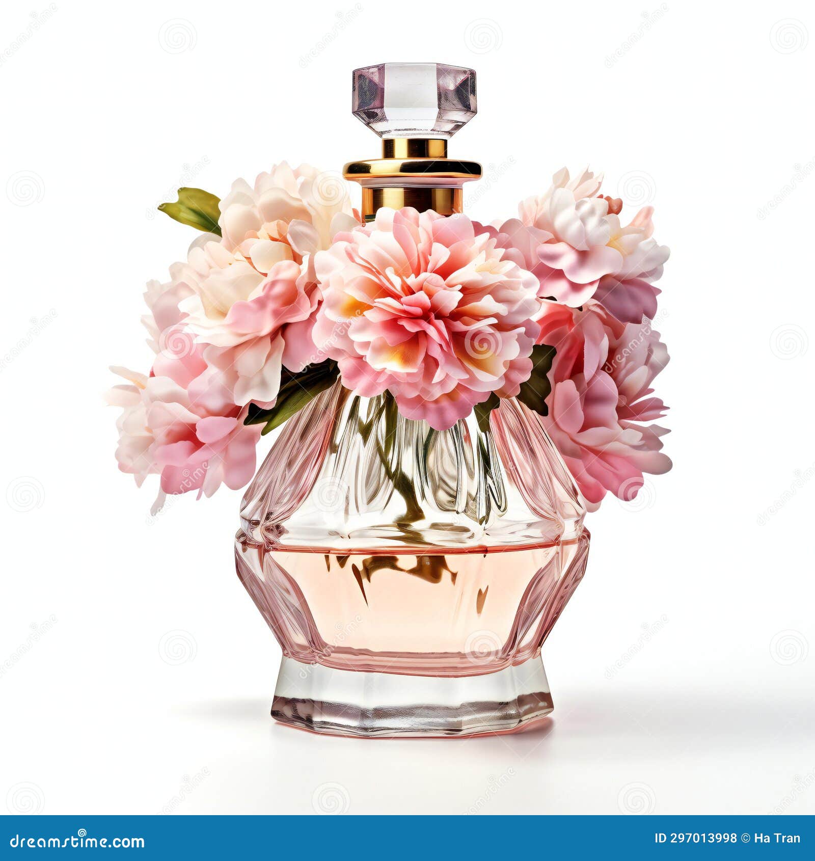 Bottle of Perfume with Flowers Isolated on White Background Stock