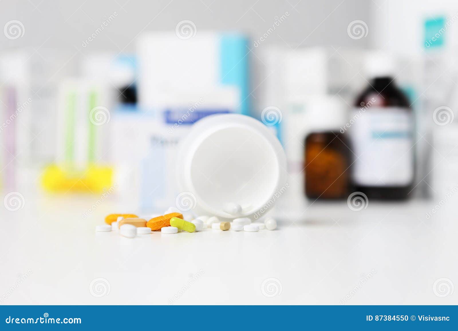 Bottle Pills And Medicine Capsule On Table, Drugs And Tablets Stock