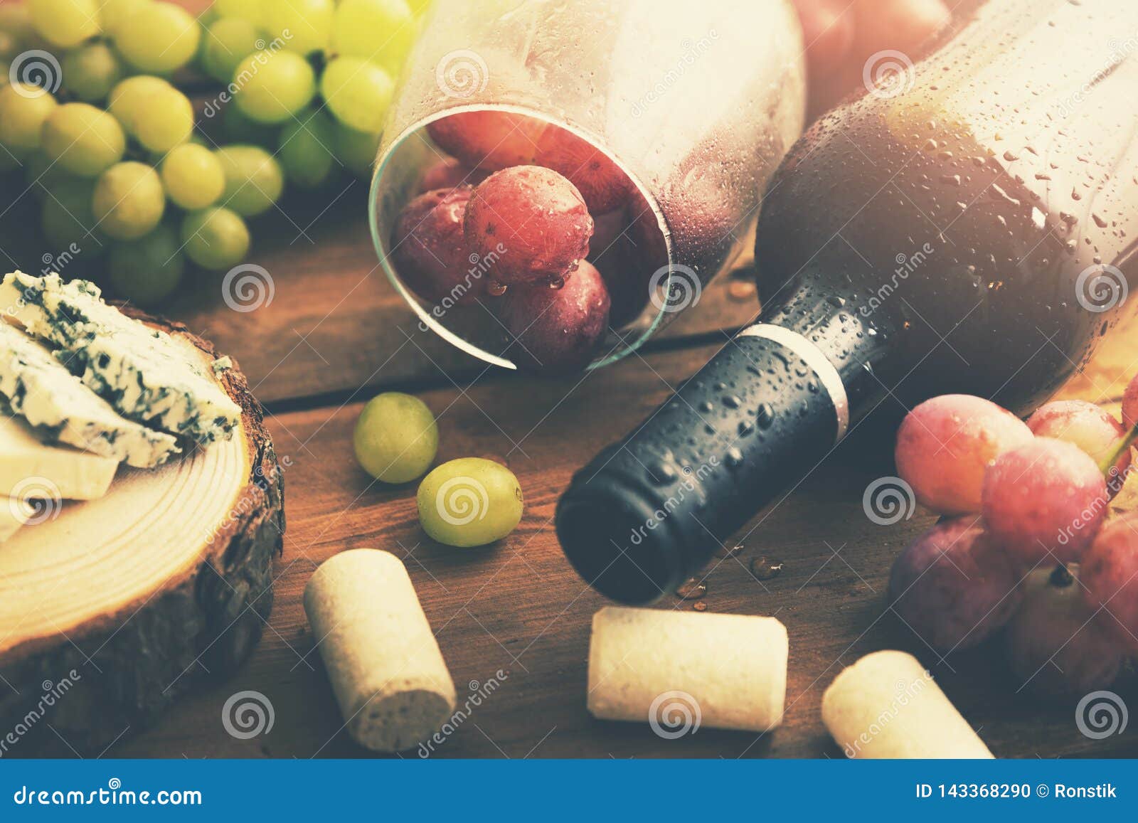 Bottle of Red Wine with Grapes and Blue Cheese Stock Photo Image of