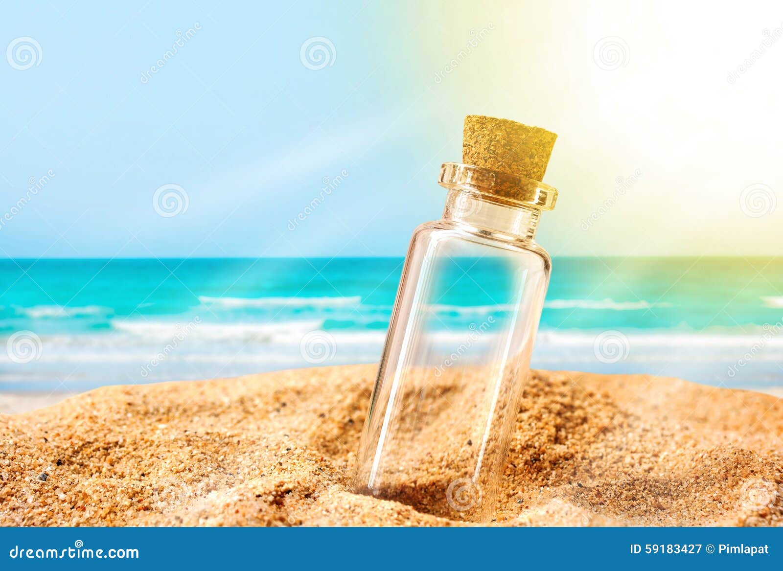 Bottle on Sand Beach with Sun Ray. Stock Image Image of blue, concept