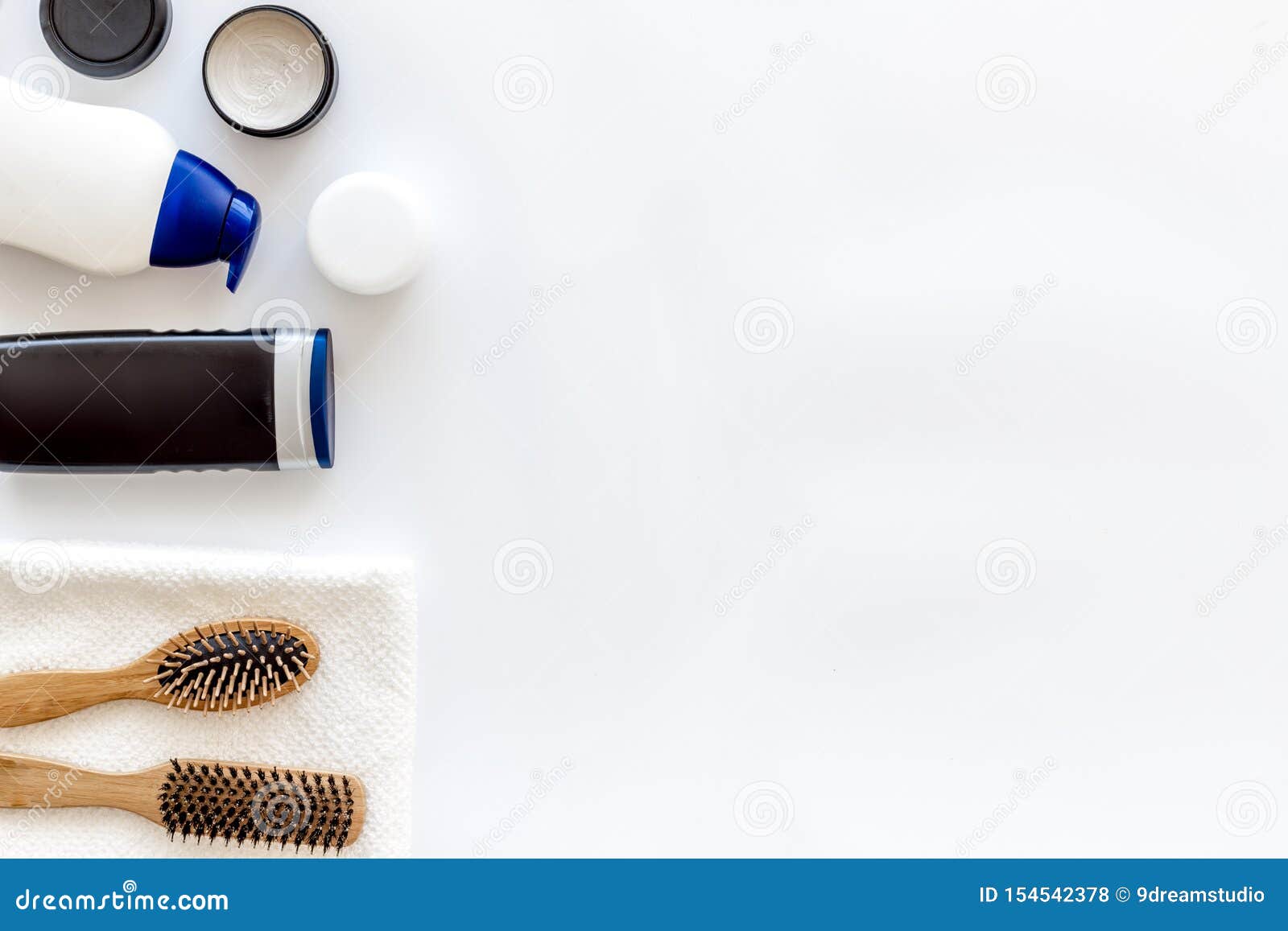Download Bottle With Shampoo, Styling, Hair Brush On White Background Top View Mock Up Stock Photo ...