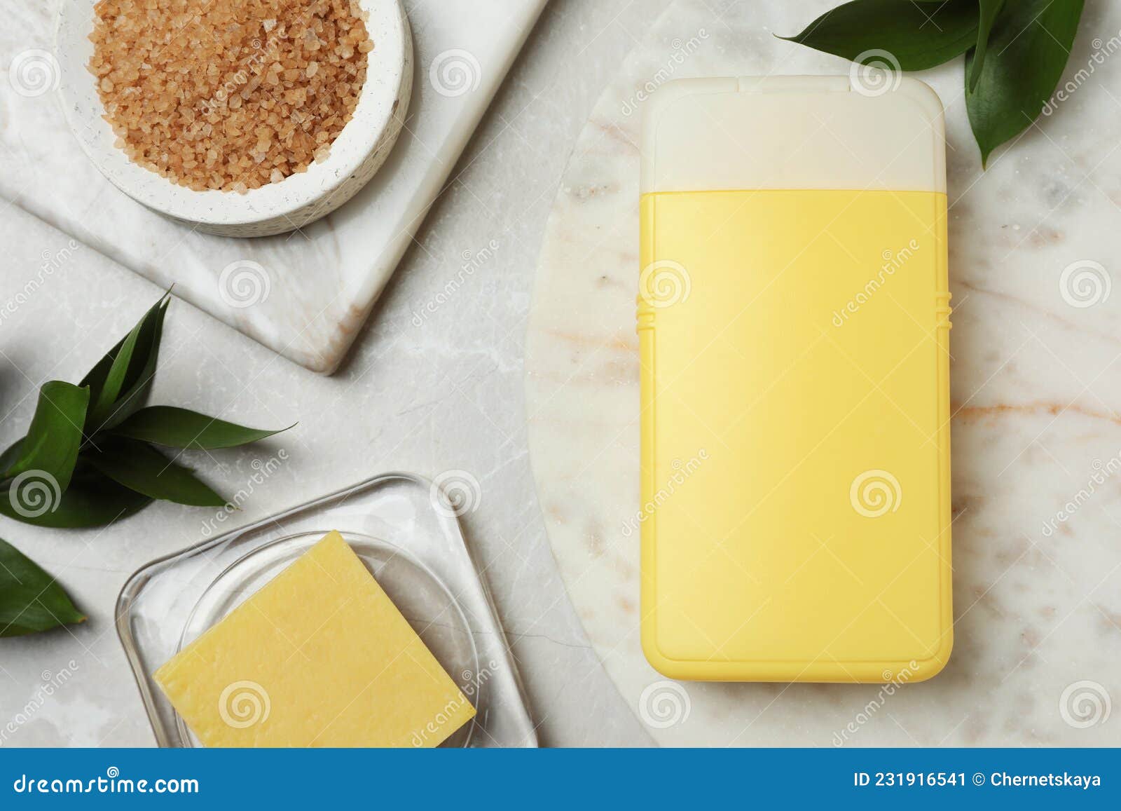 Bottle of Shower Gel, Soap Bar and Sea Salt on Light Table Stock Image