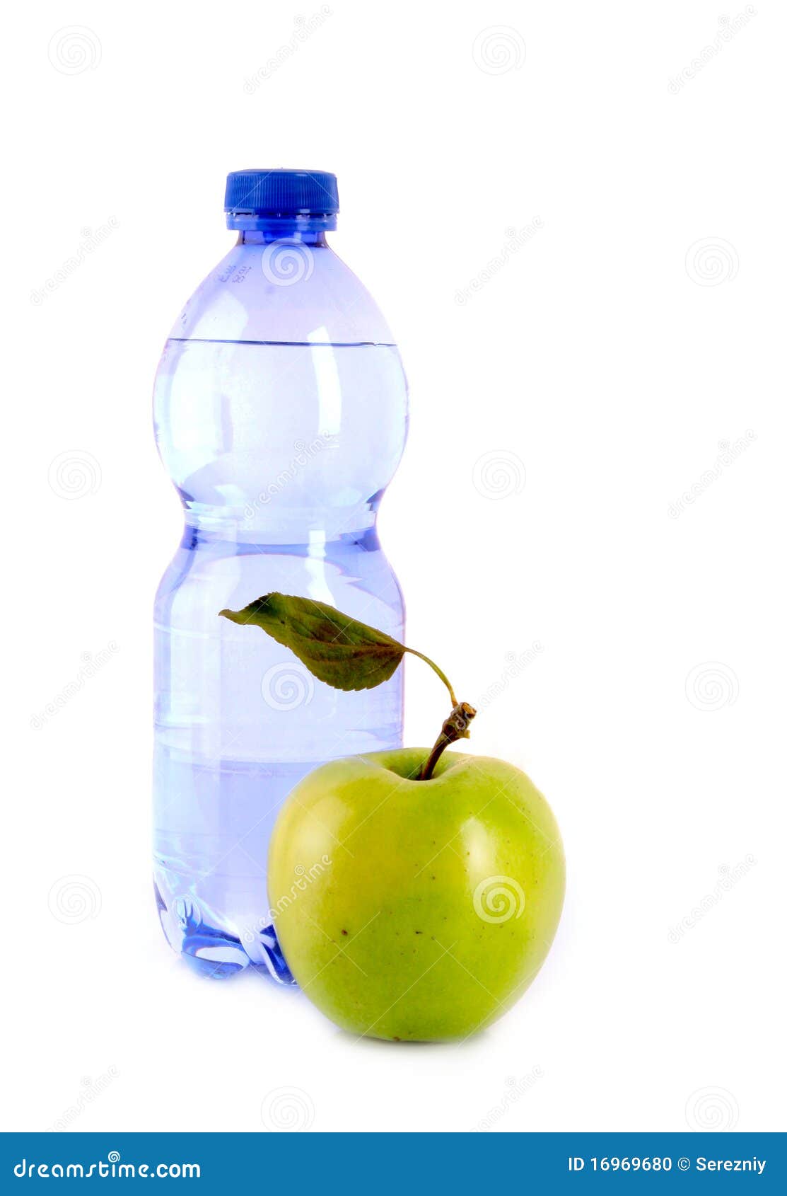 Bottle of Sparkling Water and Green Apple Isolated Stock Photo Image