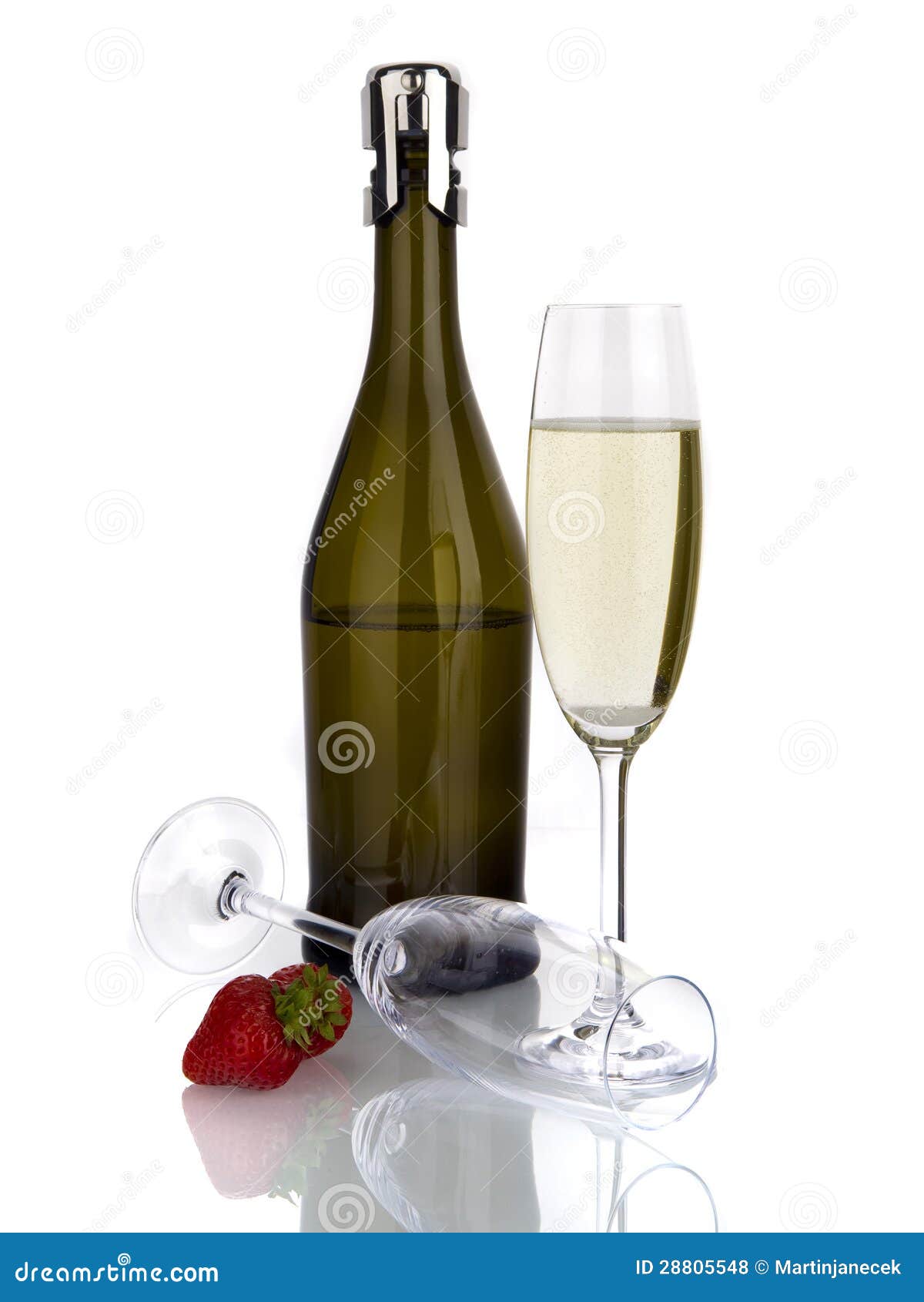 Bottle of Sparkling Wine with Glasses Isolated on White Stock Photo