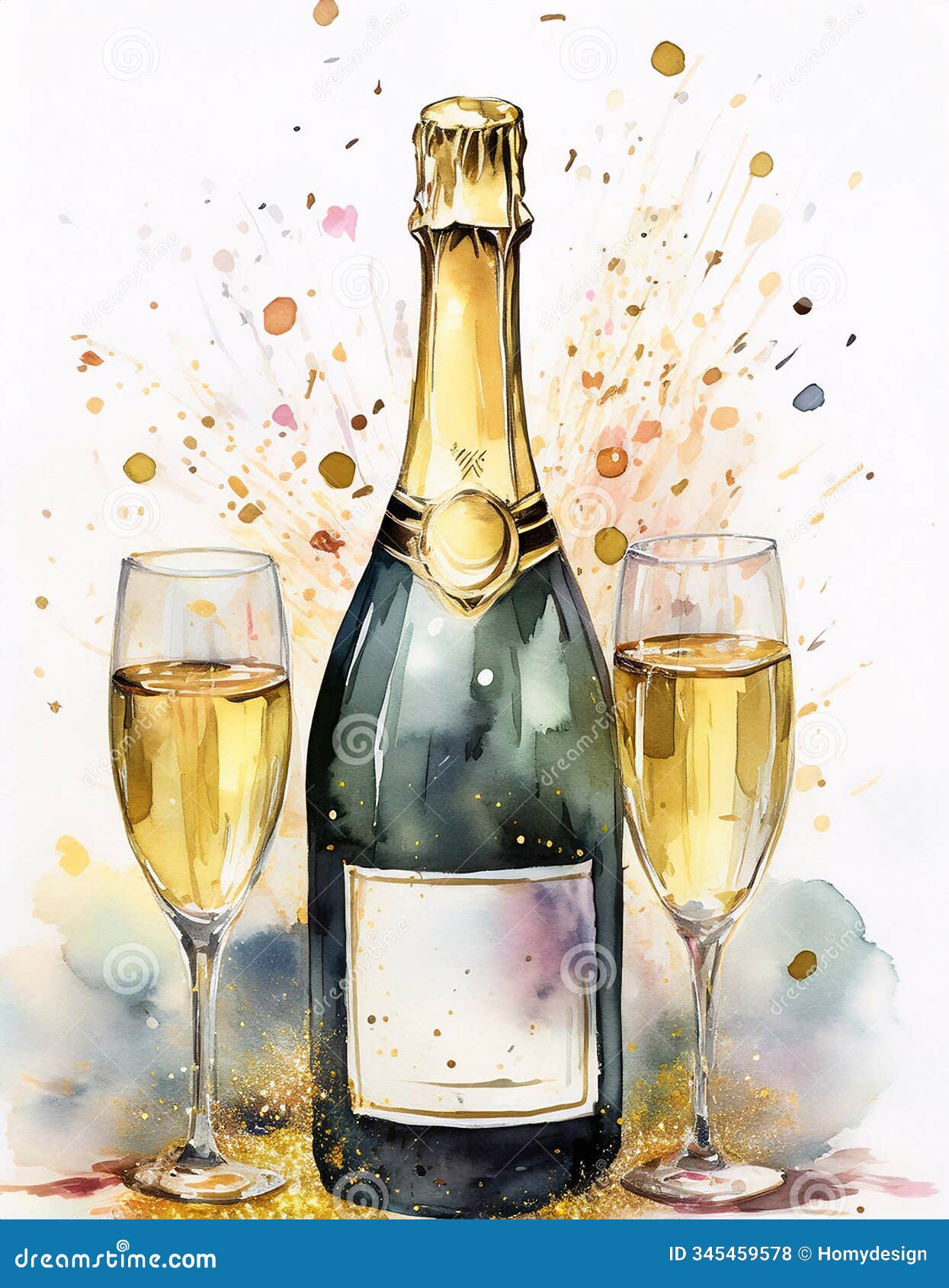 a bottle of sparkling wine with two glasses, surrounded by festive sparkles