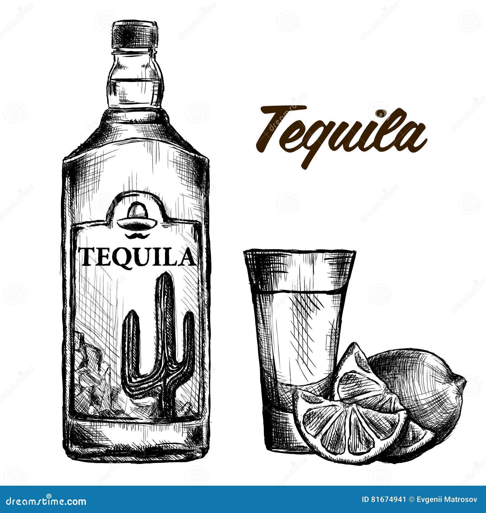 Bottle of Tequila with Lime and Glass. Painted by Hand Stock Vector ...