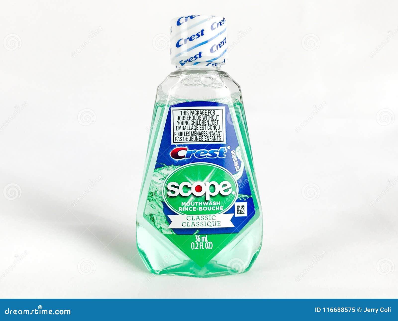 Travel Size Bottle of Crest Mouthwash on a White Backdrop Editorial