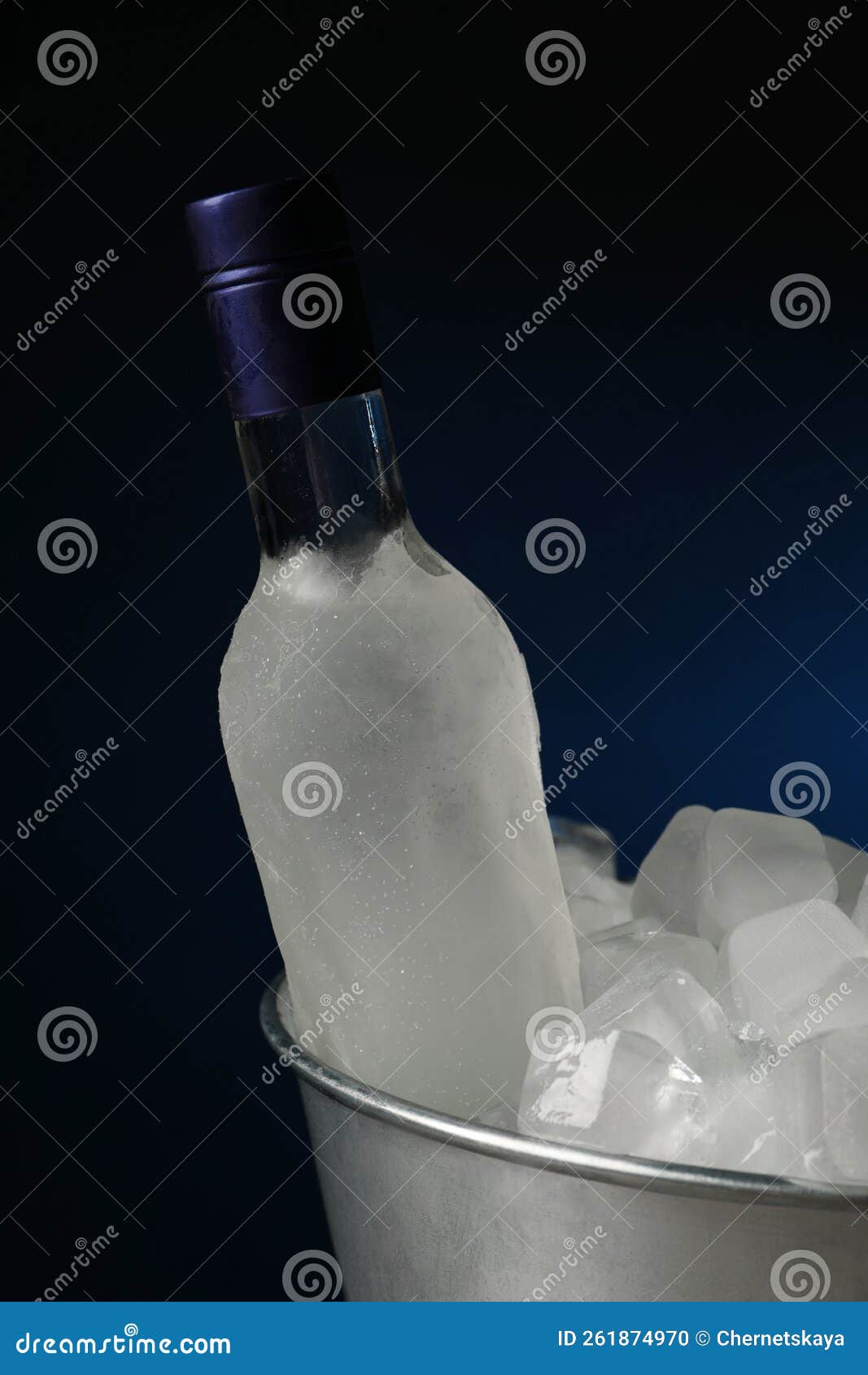 Bottle of Vodka in Metal Bucket with Ice on Dark Background Stock Photo