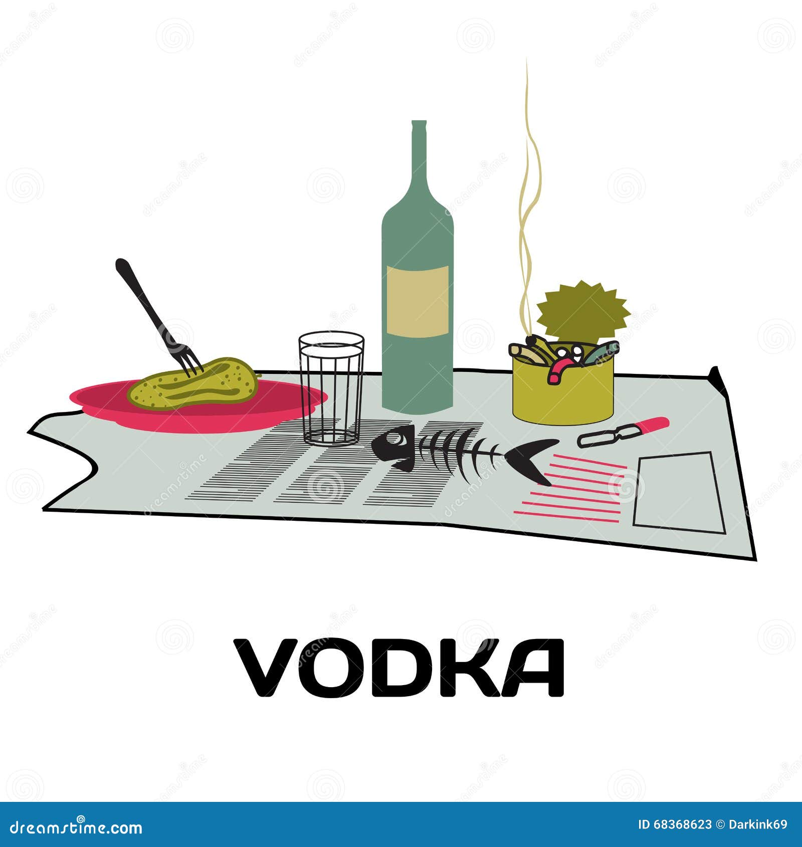 Download Bottle Of Vodka, Snack, Ashtray On An Old Newspaper Stock Illustration - Illustration of ashtray ...