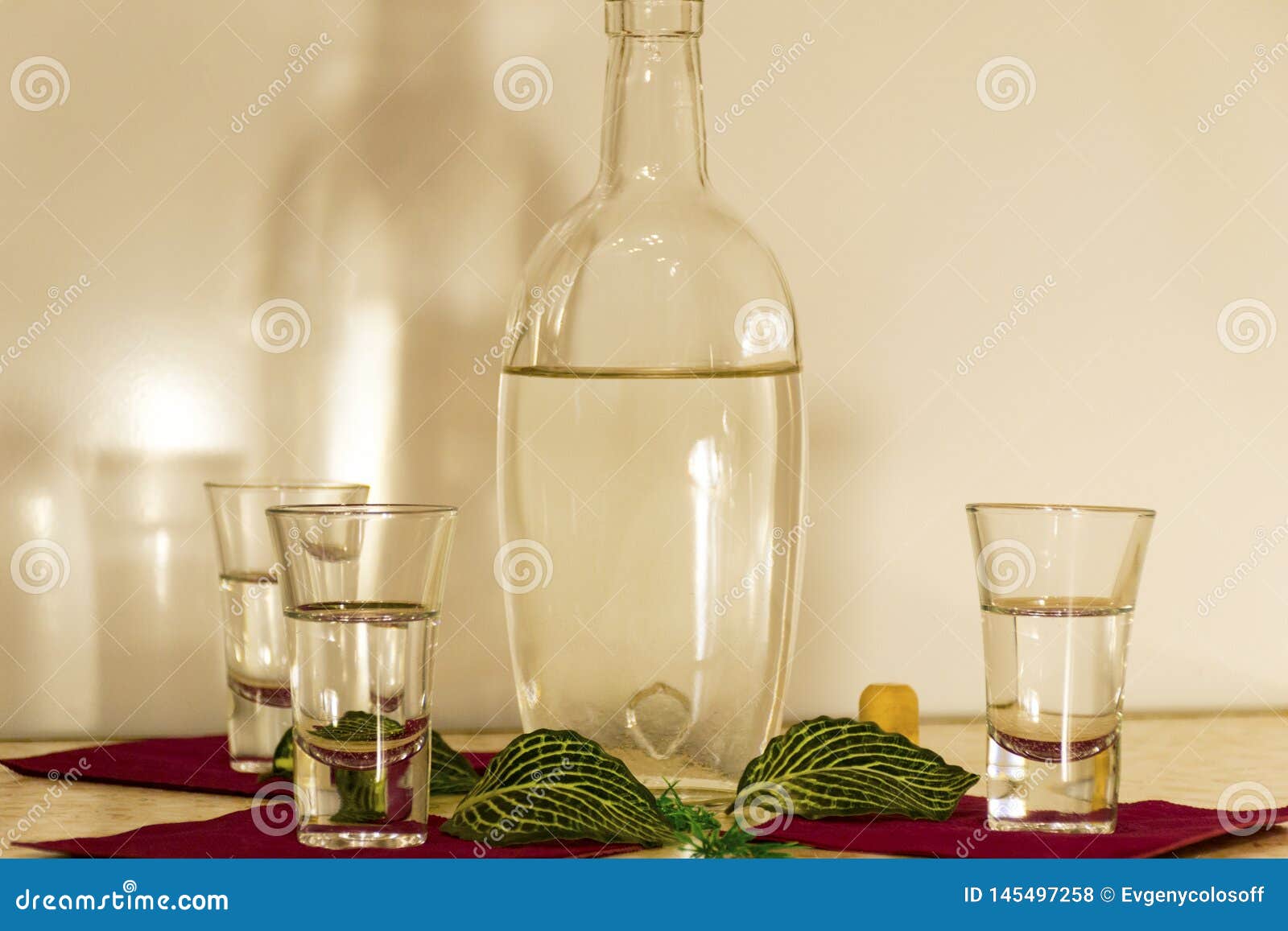 A Bottle of Vodka and Three Glasses. Stock Photo Image of background