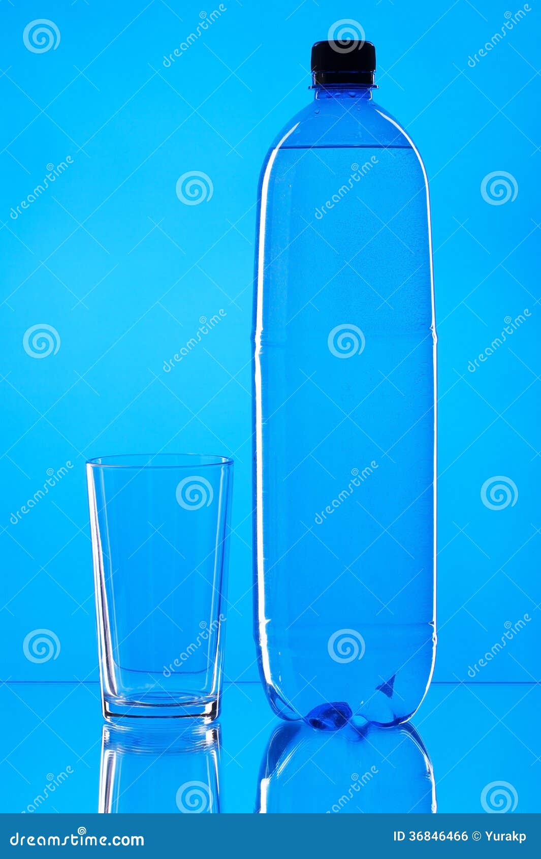 Bottle of Water and Glass on Blue Background Stock Photo Image of