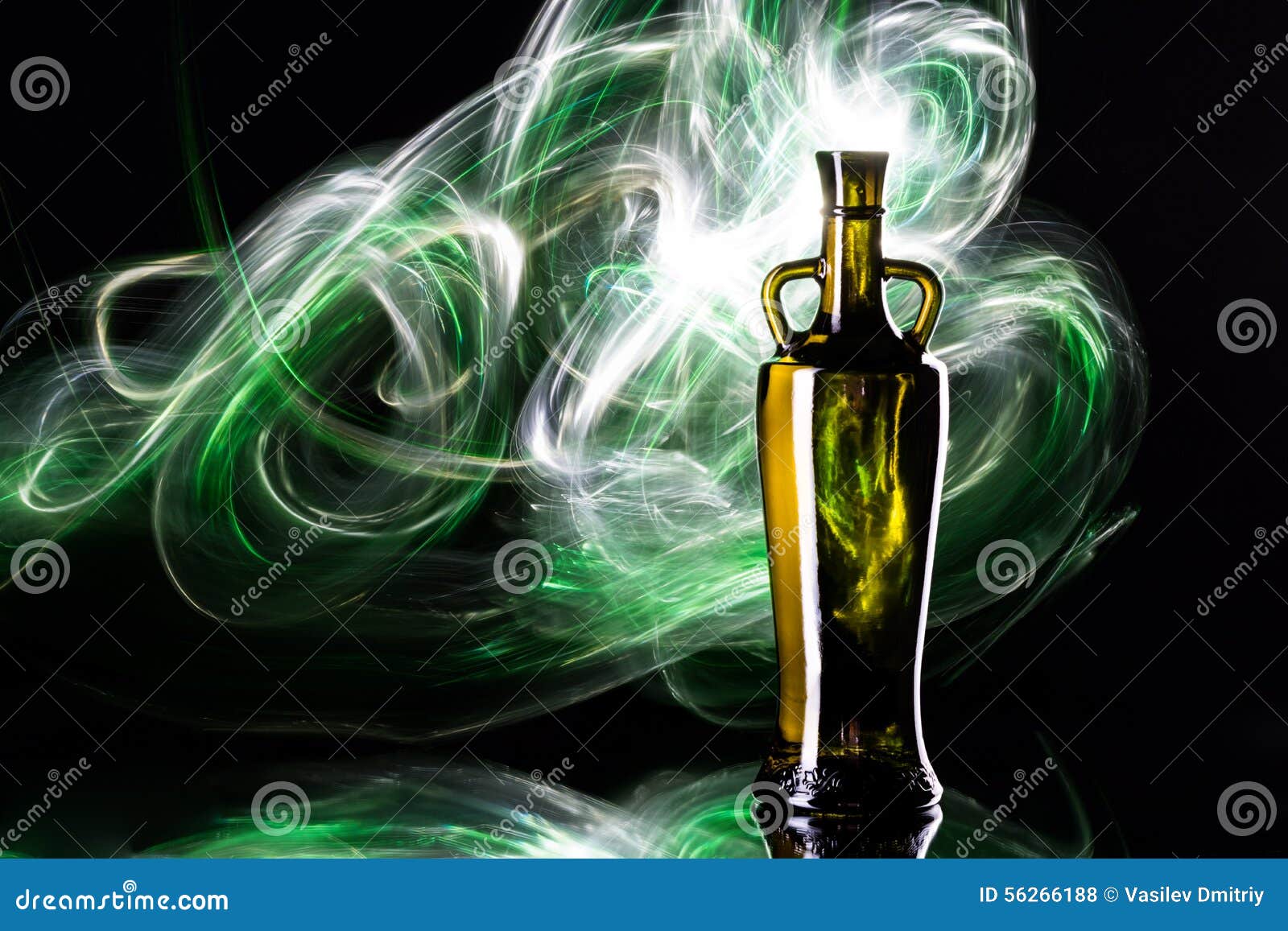 Bottle of White Wine on the Background of the Northern Lights Stock