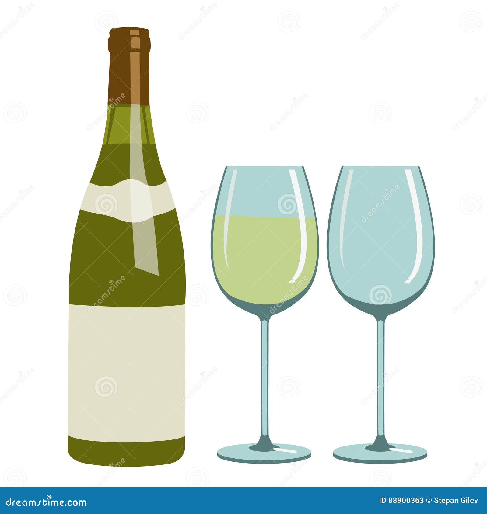 Bottle of White Wine and Wine Glasses Stock Vector Illustration of