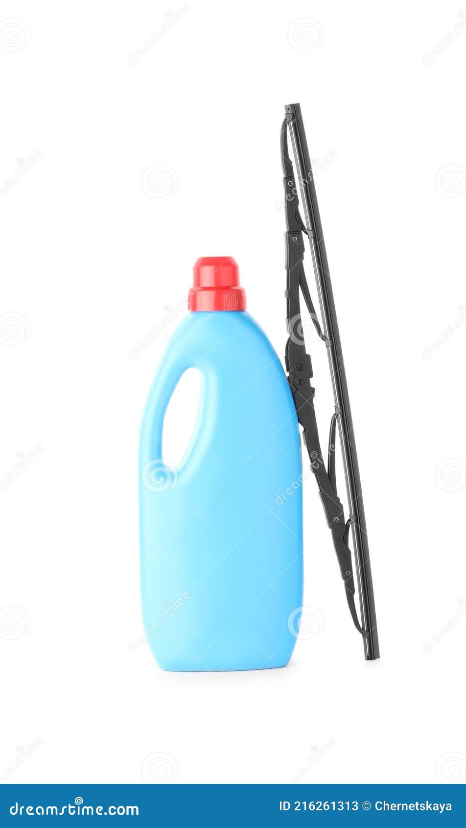 Bottle of Windshield Washer Fluid and Wiper on White Background Stock
