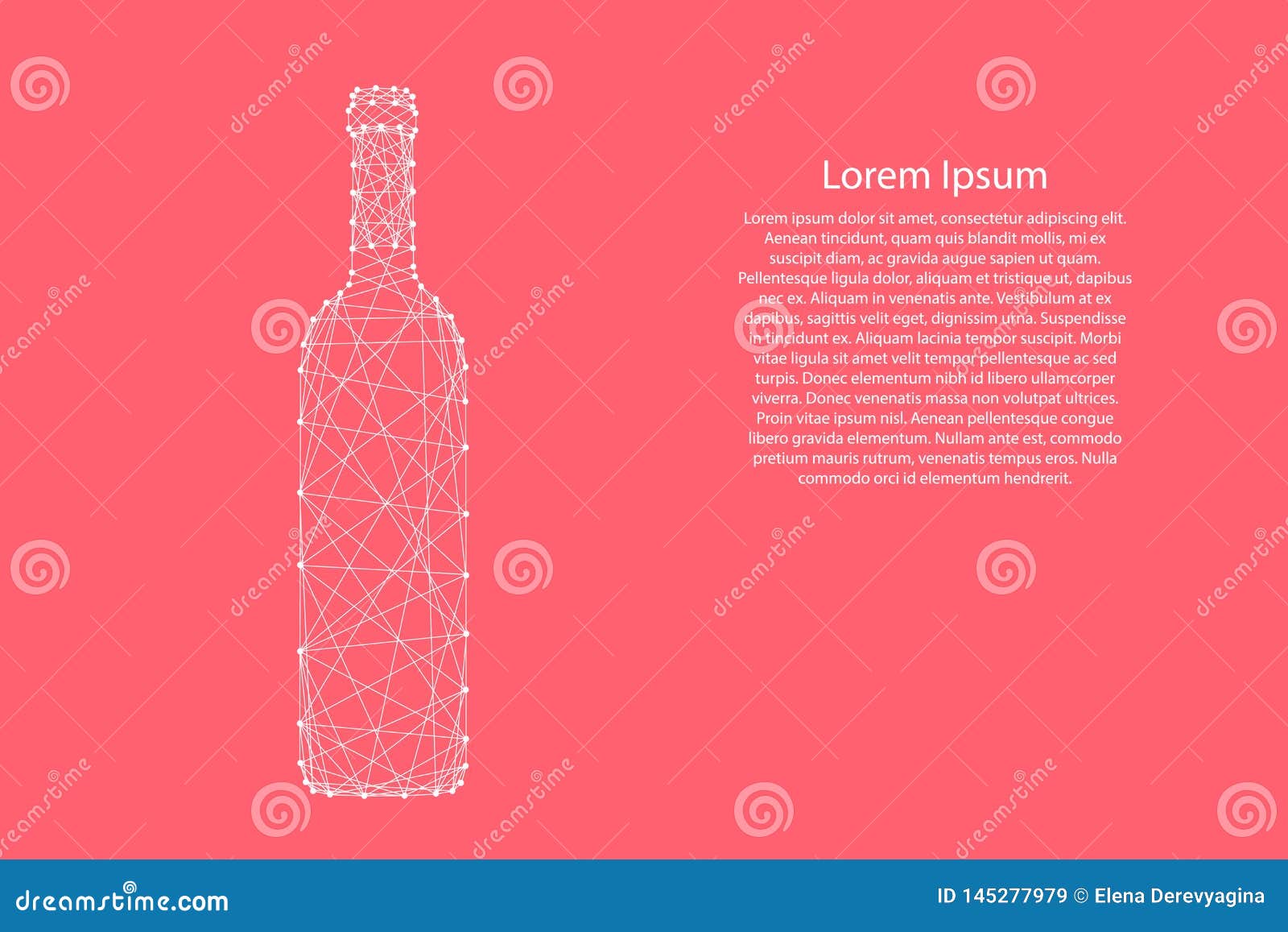 bottle of wine from abstract futuristic polygonal white lines and dots on pink rose color coral background for banner, poster,