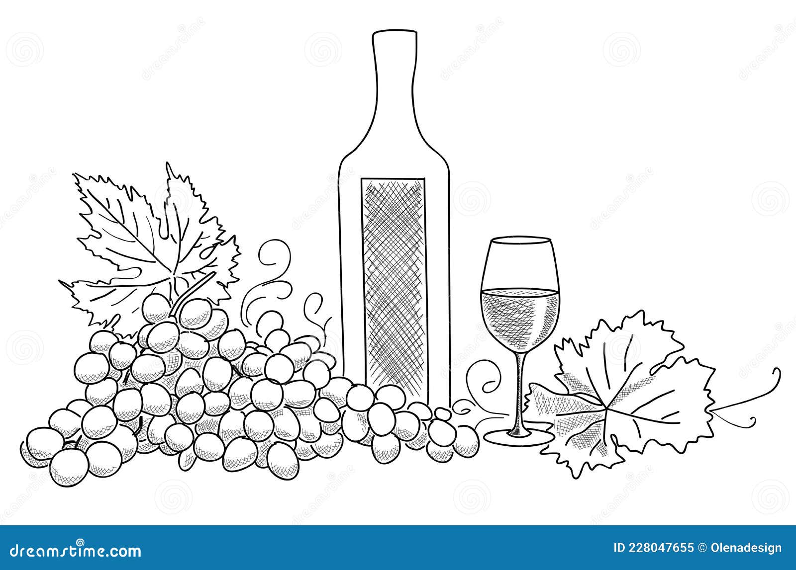 Bottle of Wine with Wine Glass and Grape Vector Sketch Stock Vector