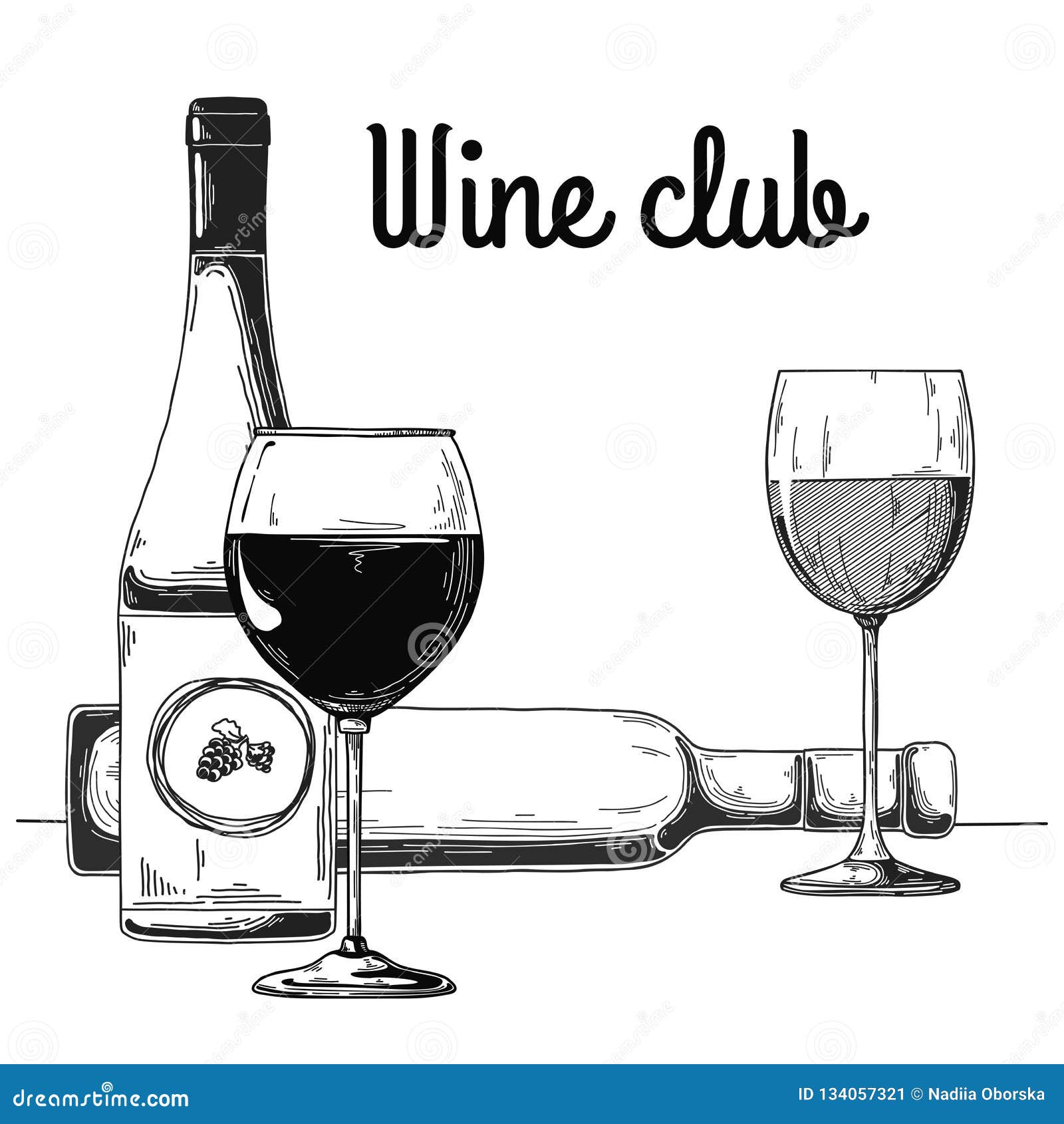 Bottle with Wine and Wine Glass. Text Wine Club Stock Illustration