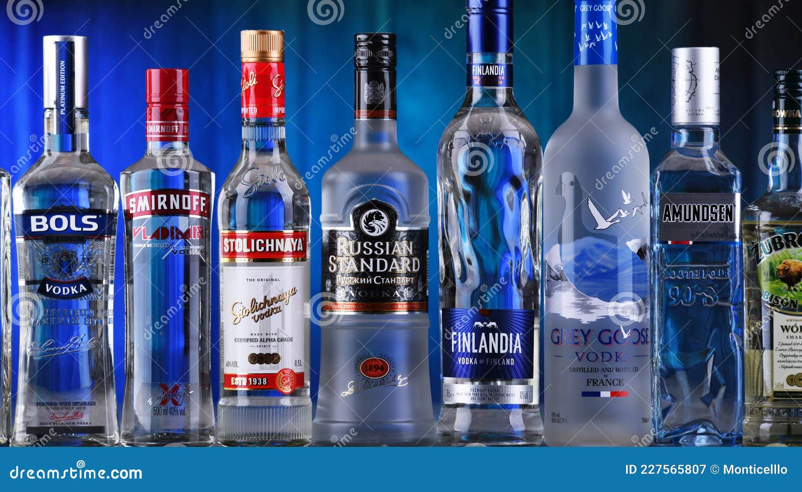 Bottles of Assorted Global Vodka Brands Editorial Photography Image