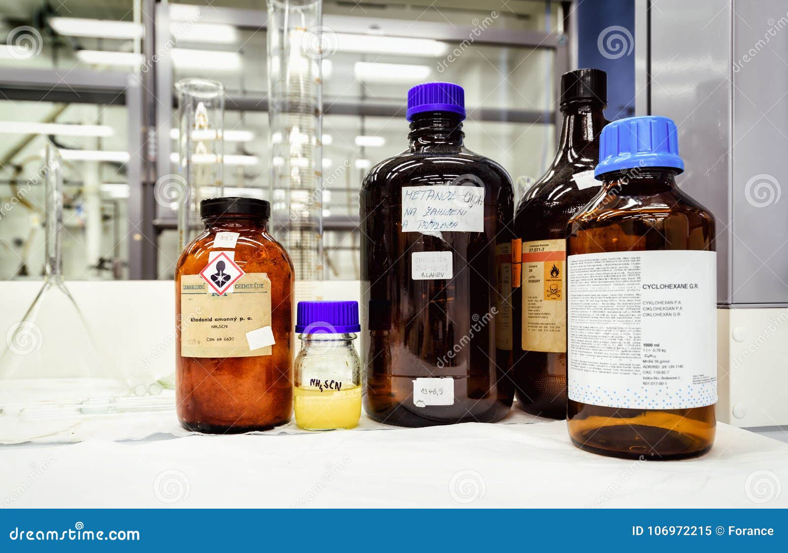 Bottles with Chemicals on the Desk in Laboratory Stock Image Image of