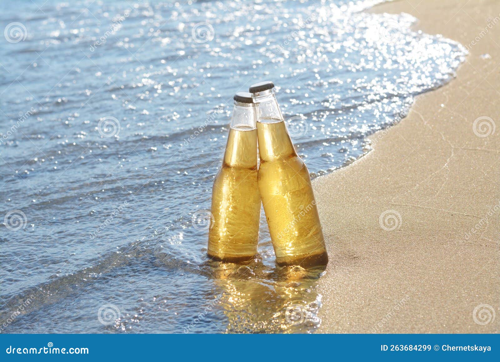 Bottles of Cold Beer on Sandy Beach Near Sea Stock Image Image of