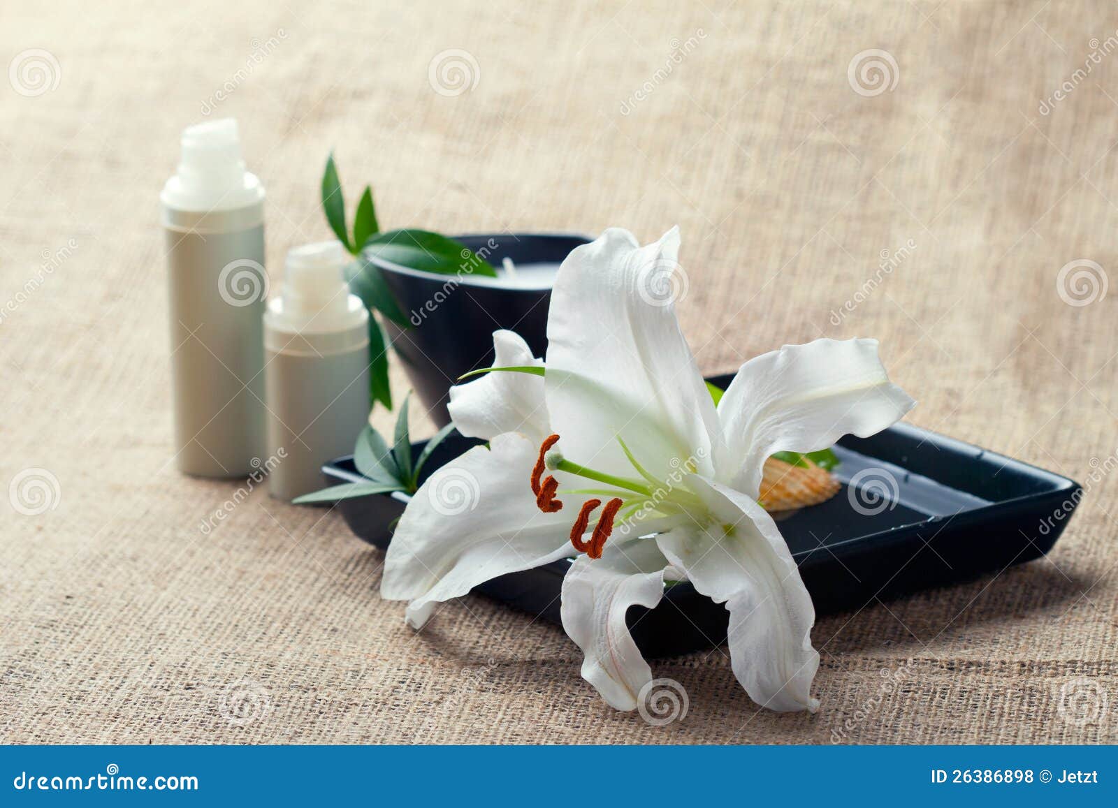 Bottles of Creams/lotions with Lilies Stock Photo Image of care, face