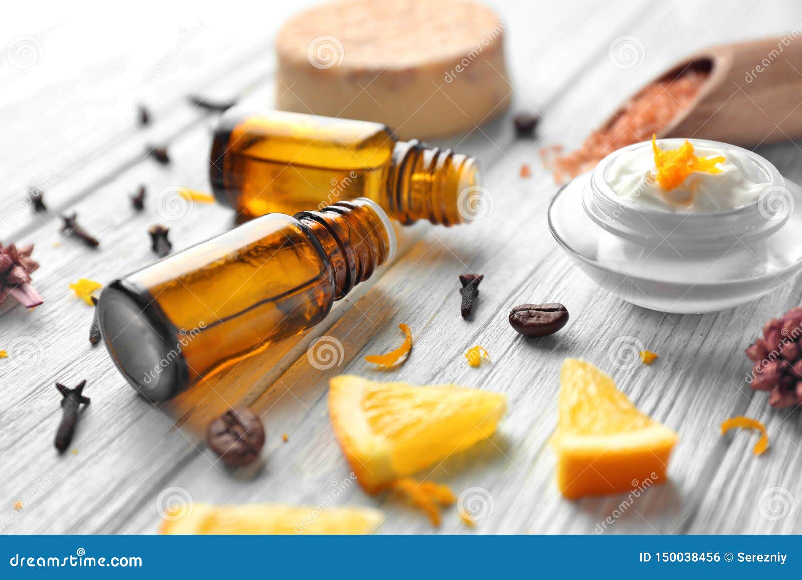 Bottles with Essential Oils on Wooden Background Stock Photo Image of