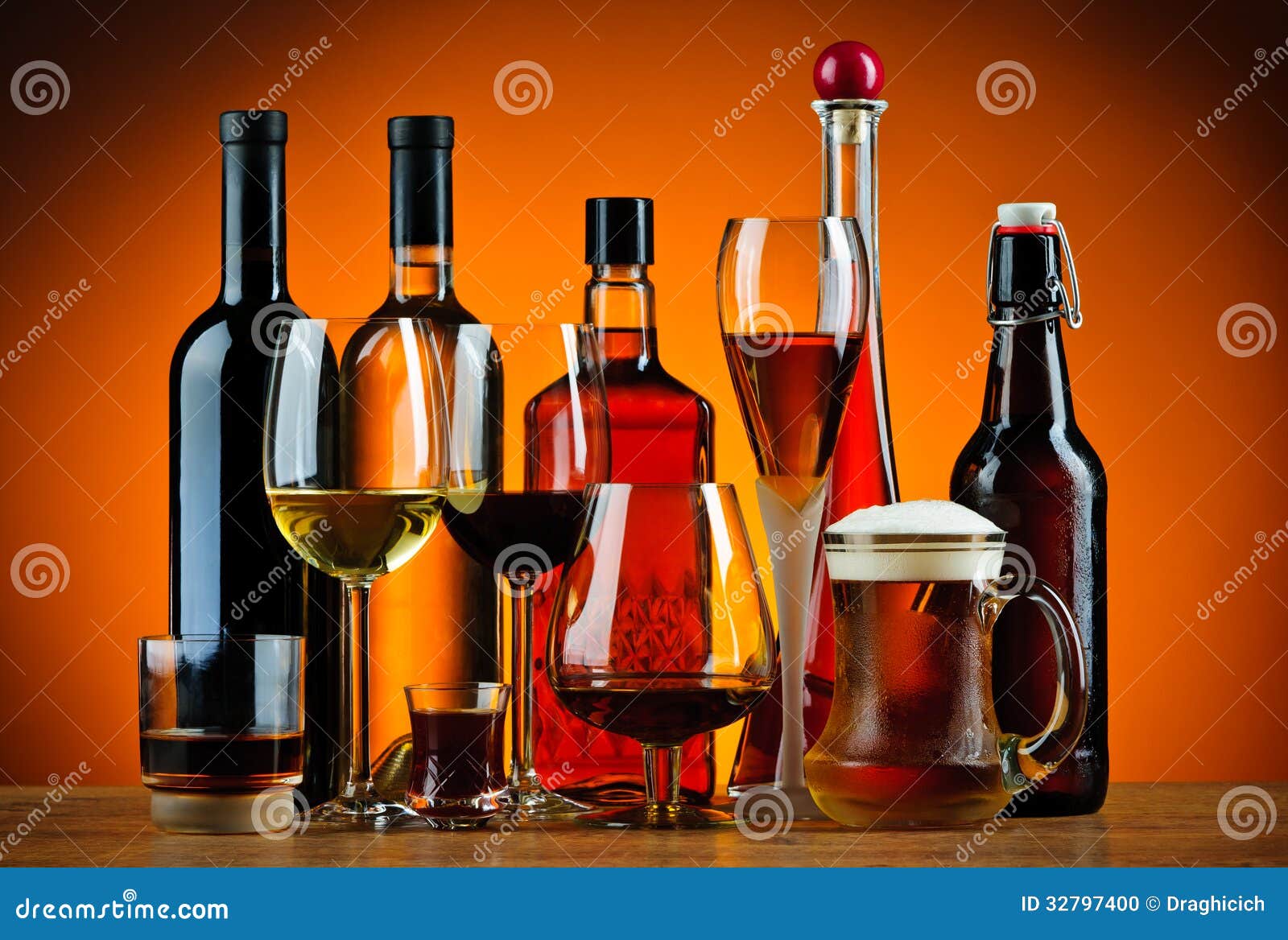 bottles and glasses of alcohol drinks