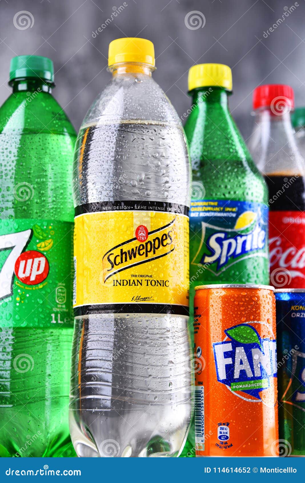 Bottles of global soft drink brands including products of Coca