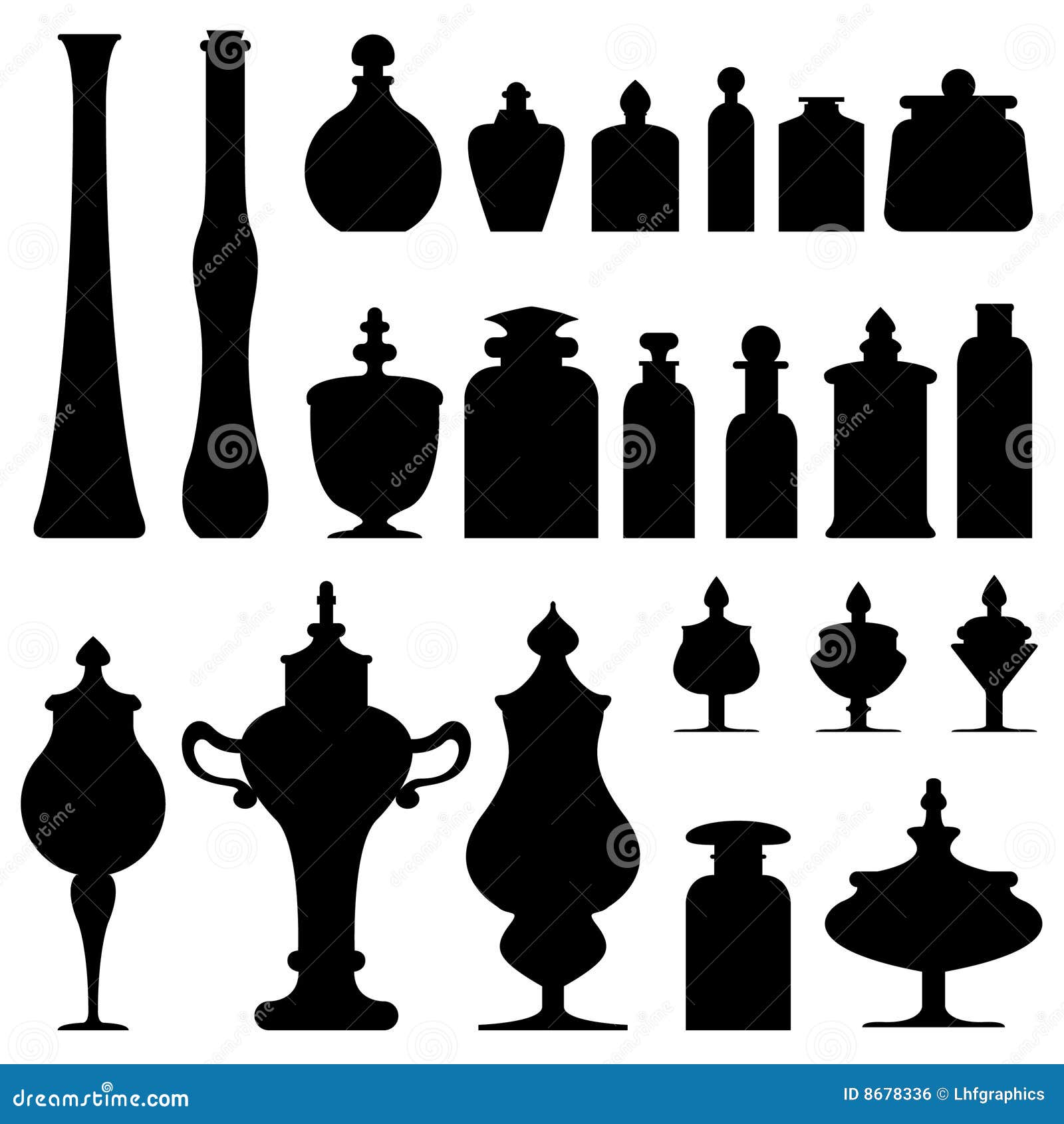 bottles, jars, and urns from apothecary or herbali