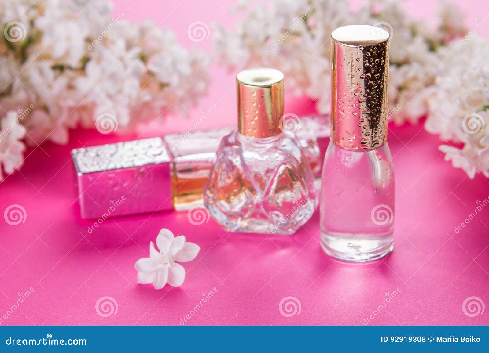 Bottles of Perfume with Lilac Stock Photo Image of essence, golden