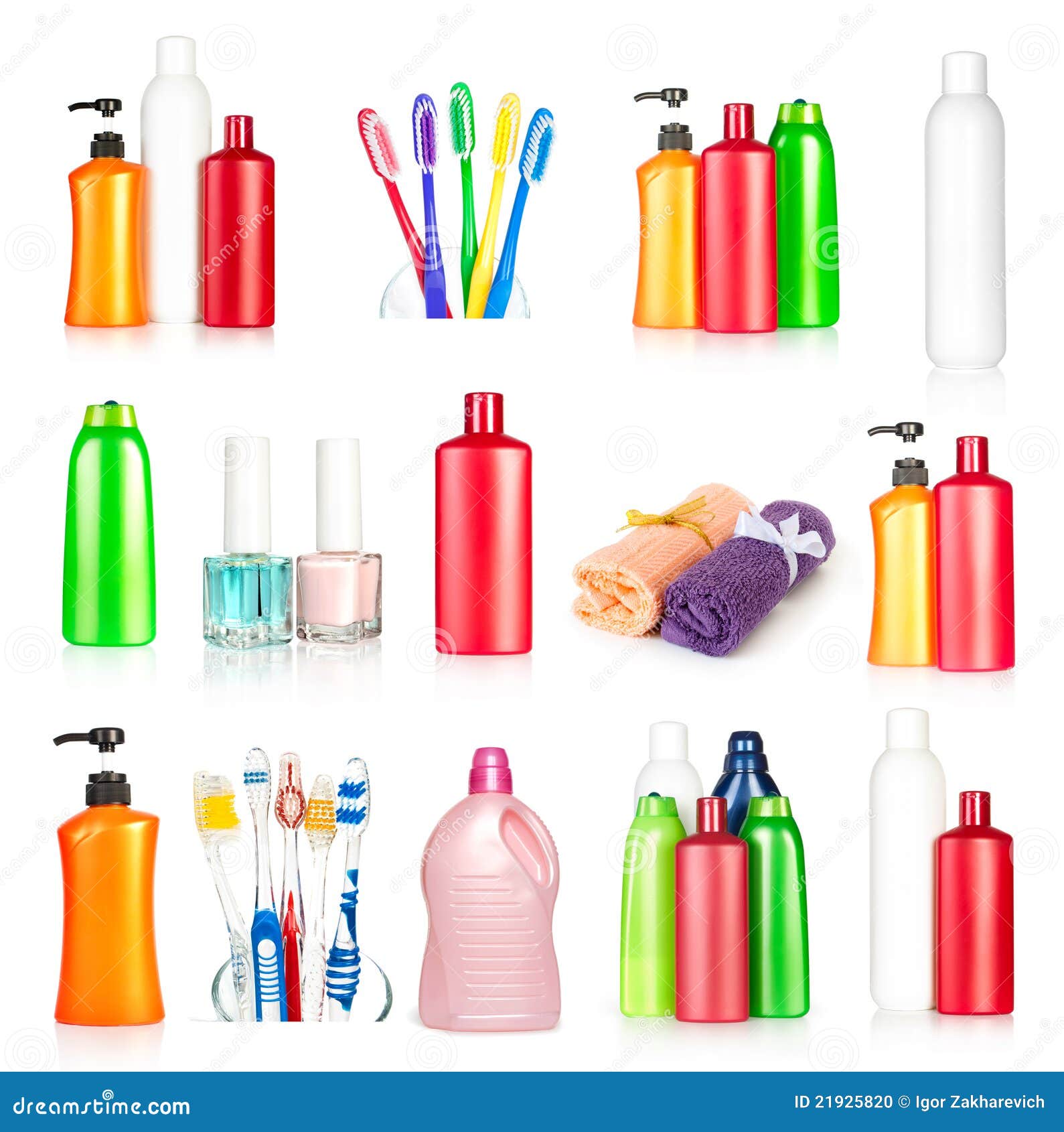 bottles shampoo, towels, toothbrushes and nail pol