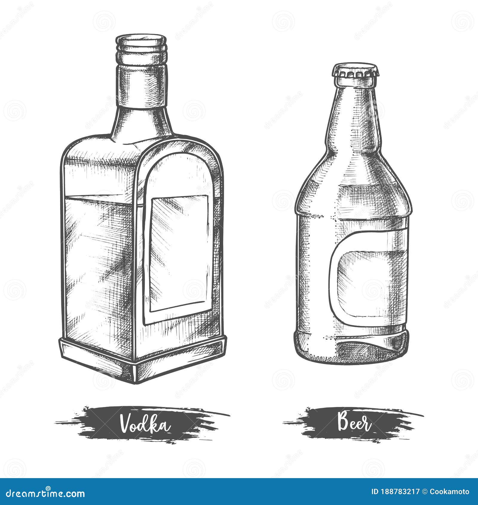 Alcohol Drink Bottles Sketch of Vodka and Beer Stock Vector