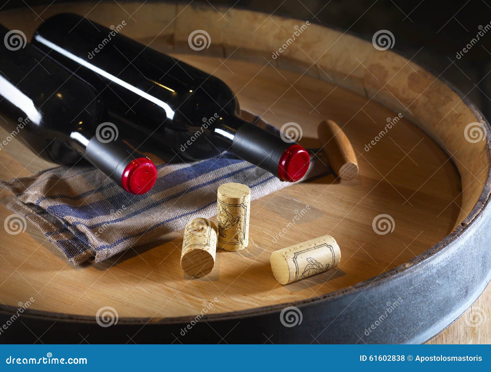 Bottles of Wine and Corks on a Barrel Stock Photo Image of cellar