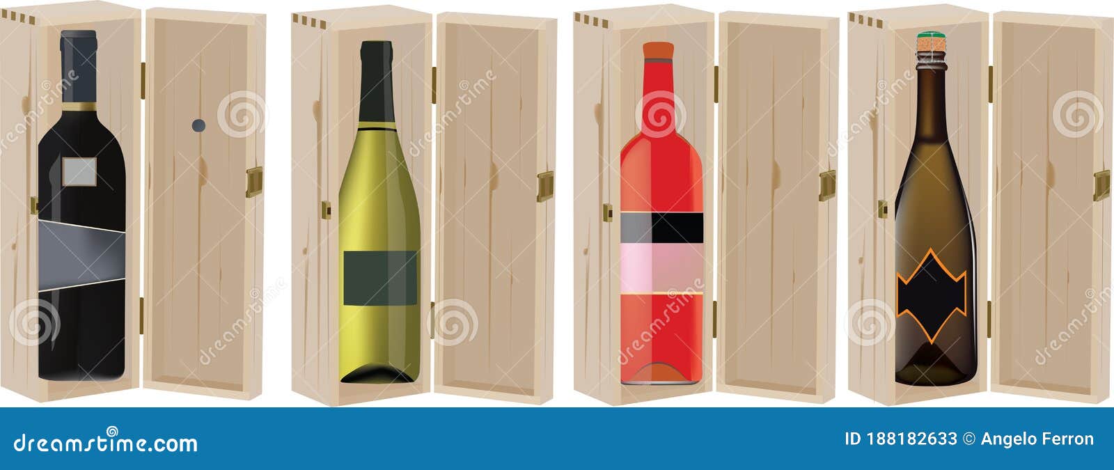 bottles of wines of different color with wooden packaging