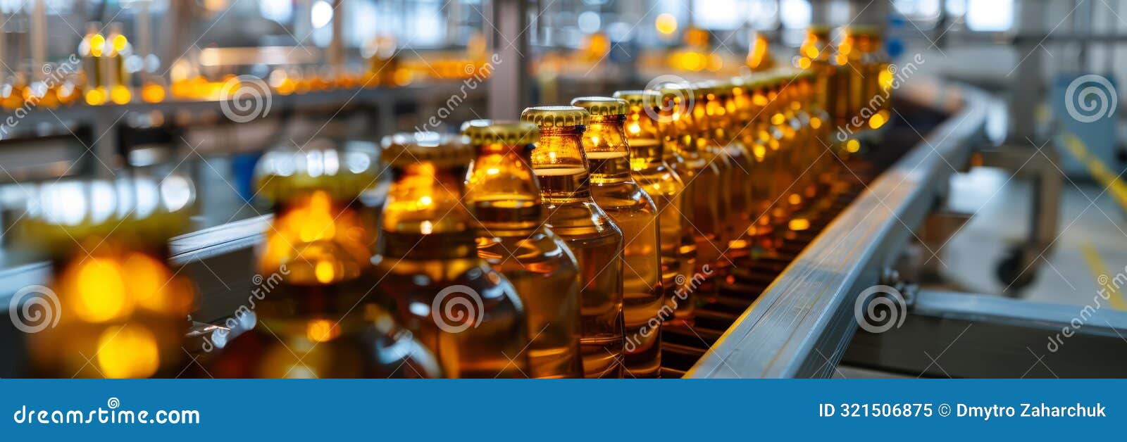 a bottling plant with machines rapidly filling, capping, and labeling glass bottles of various beverages