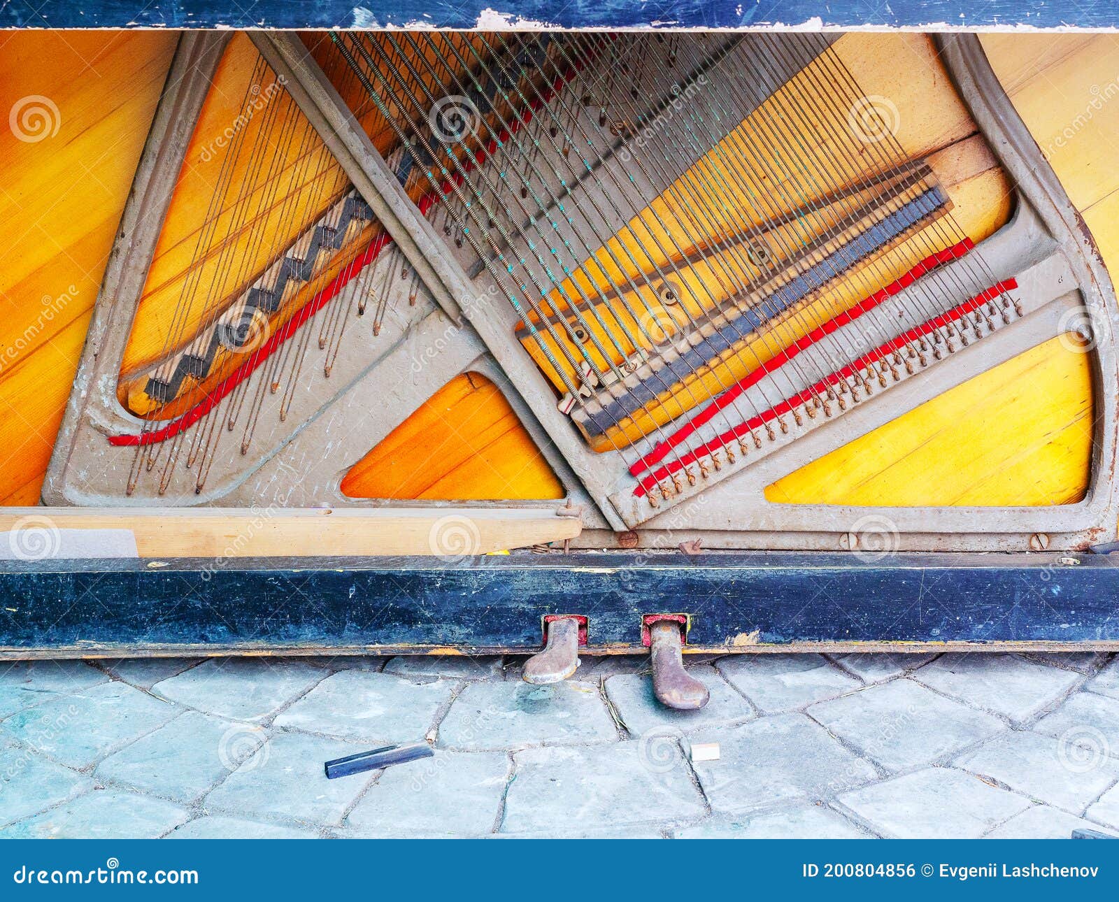 The Bottom of an Old Broken Piano with Pedals and Bare Strings Stock Photo Image of broken