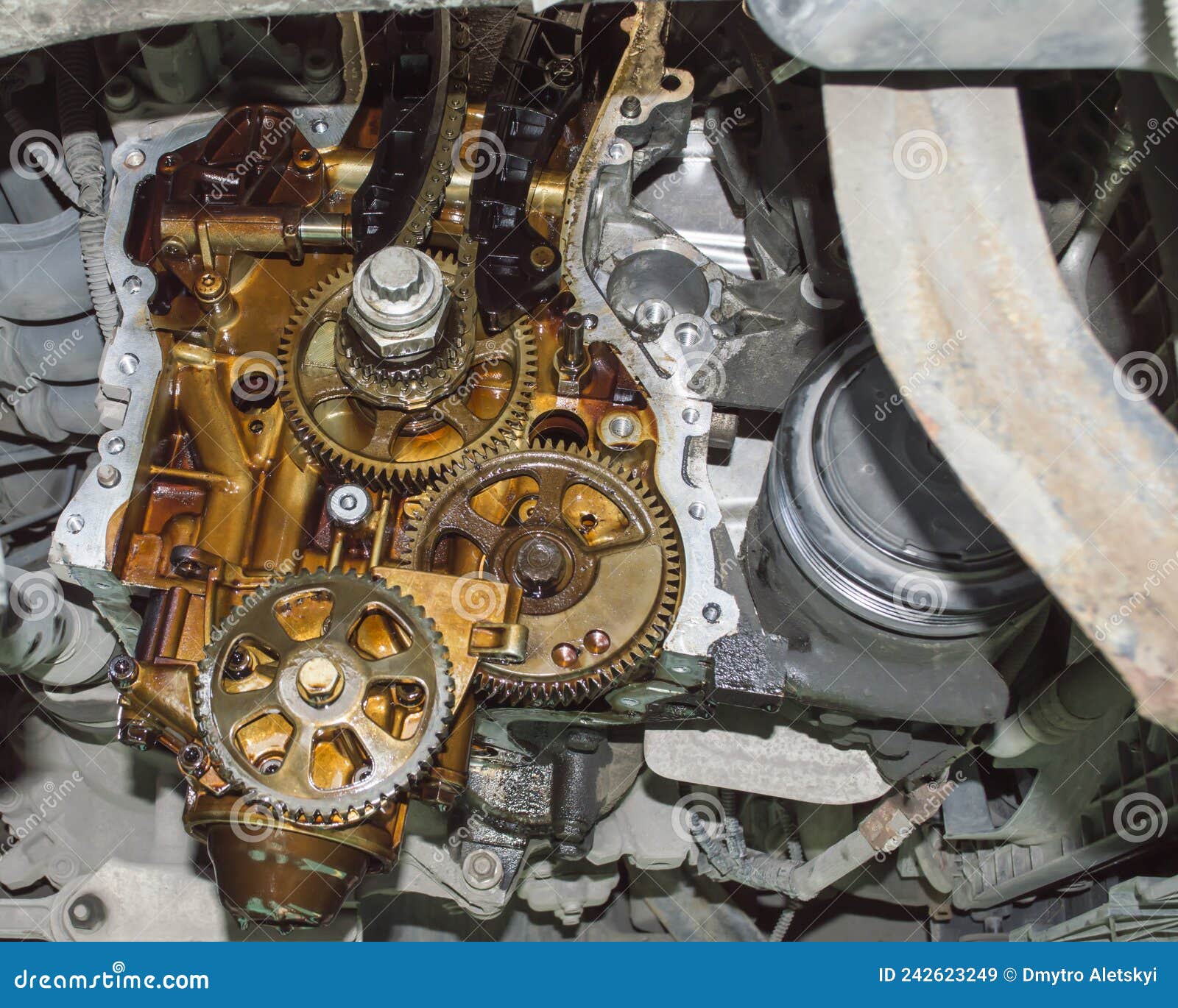 Bottom View of the Timing Sprockets of an Automobile Engine Stock Image
