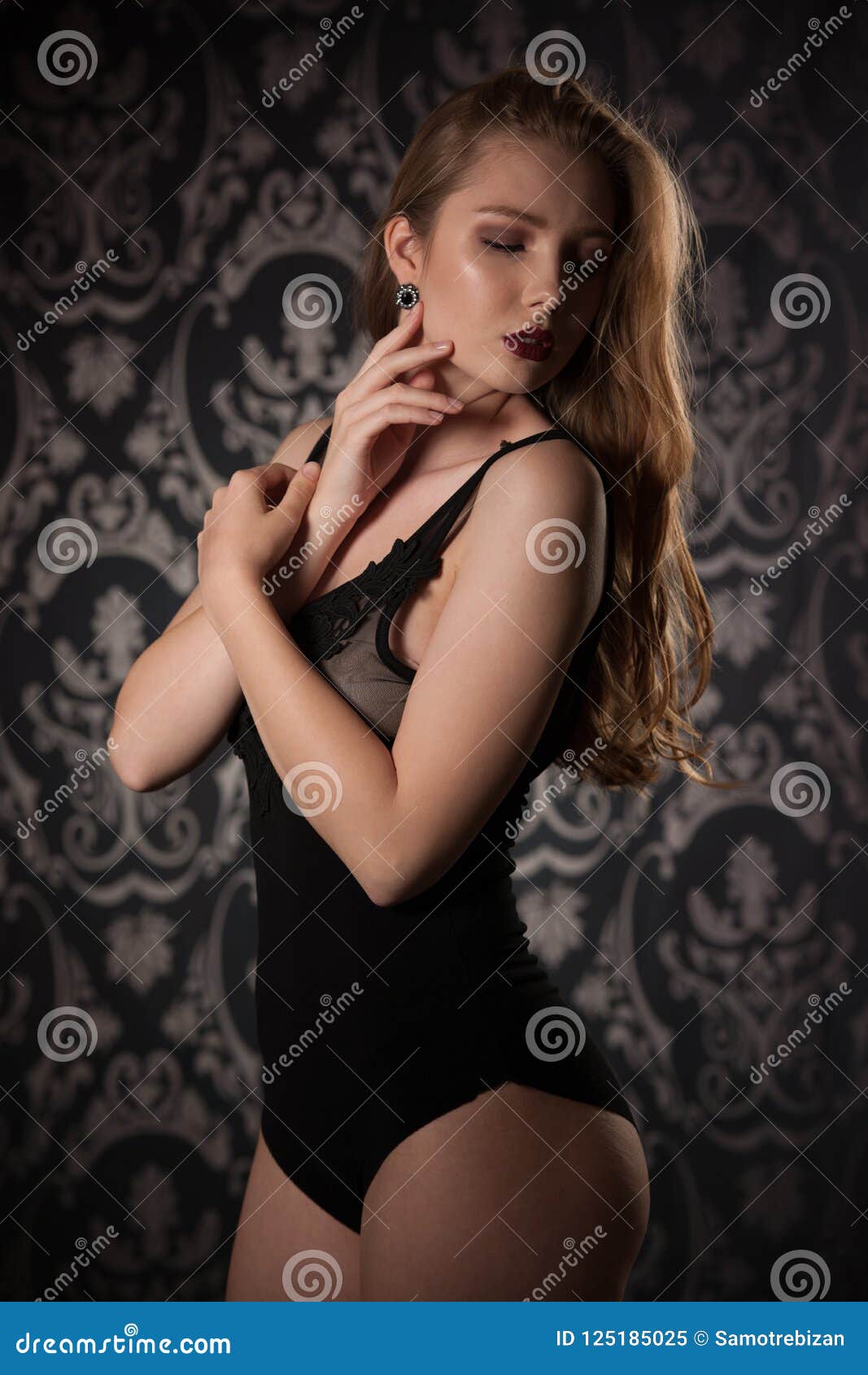 Sexy Woman Black Lingerie Over Dark Background Stock Photos - Free