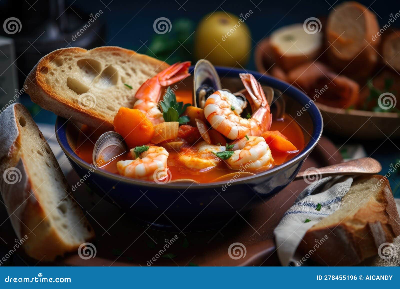 Bouillabaisse in a Blue Ceramic Bowl with Slices of Baguette and Shrimp ...