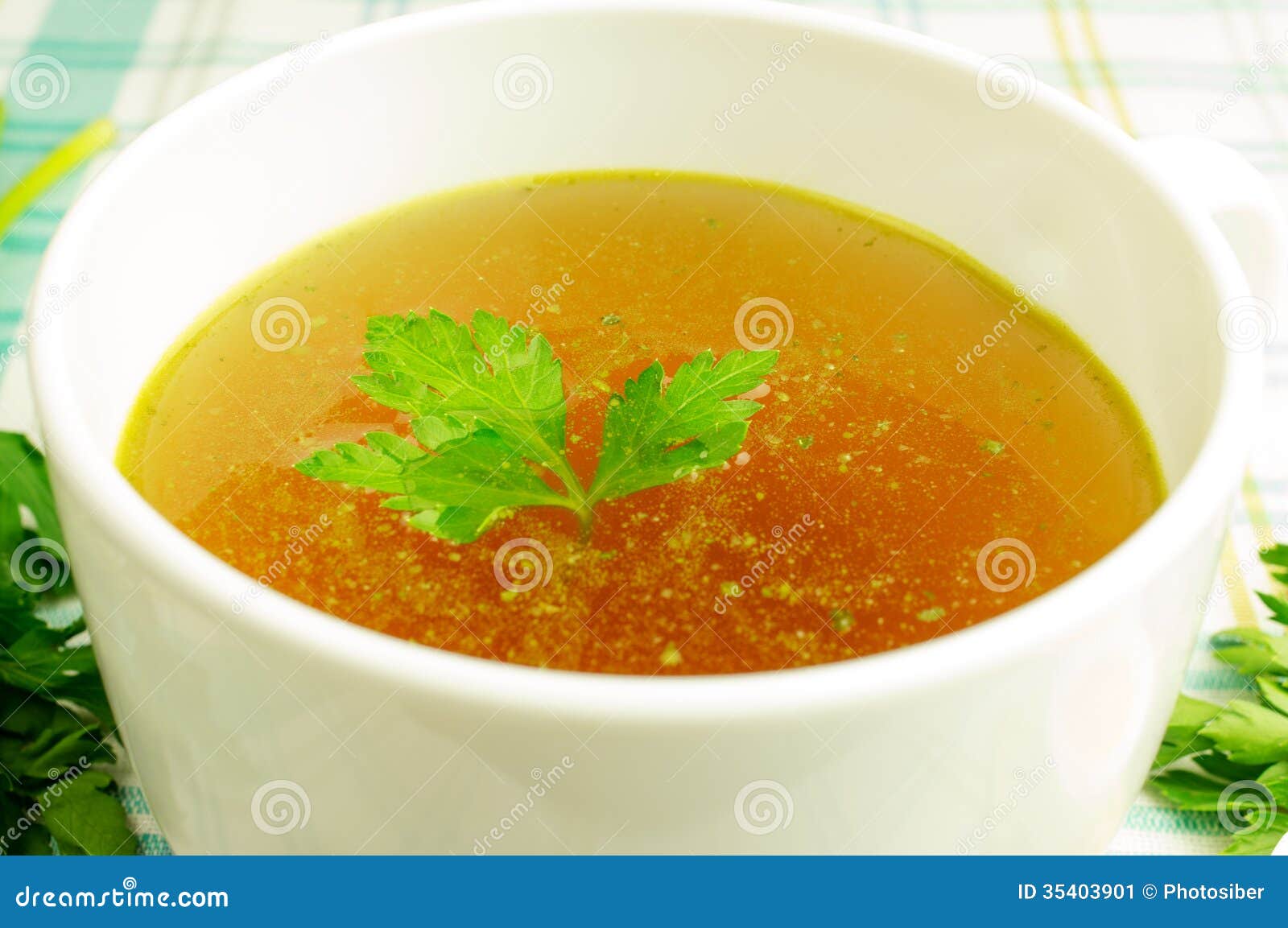 Clear Soup With Pork In White Plate Put On Wooden Background, Stock ...