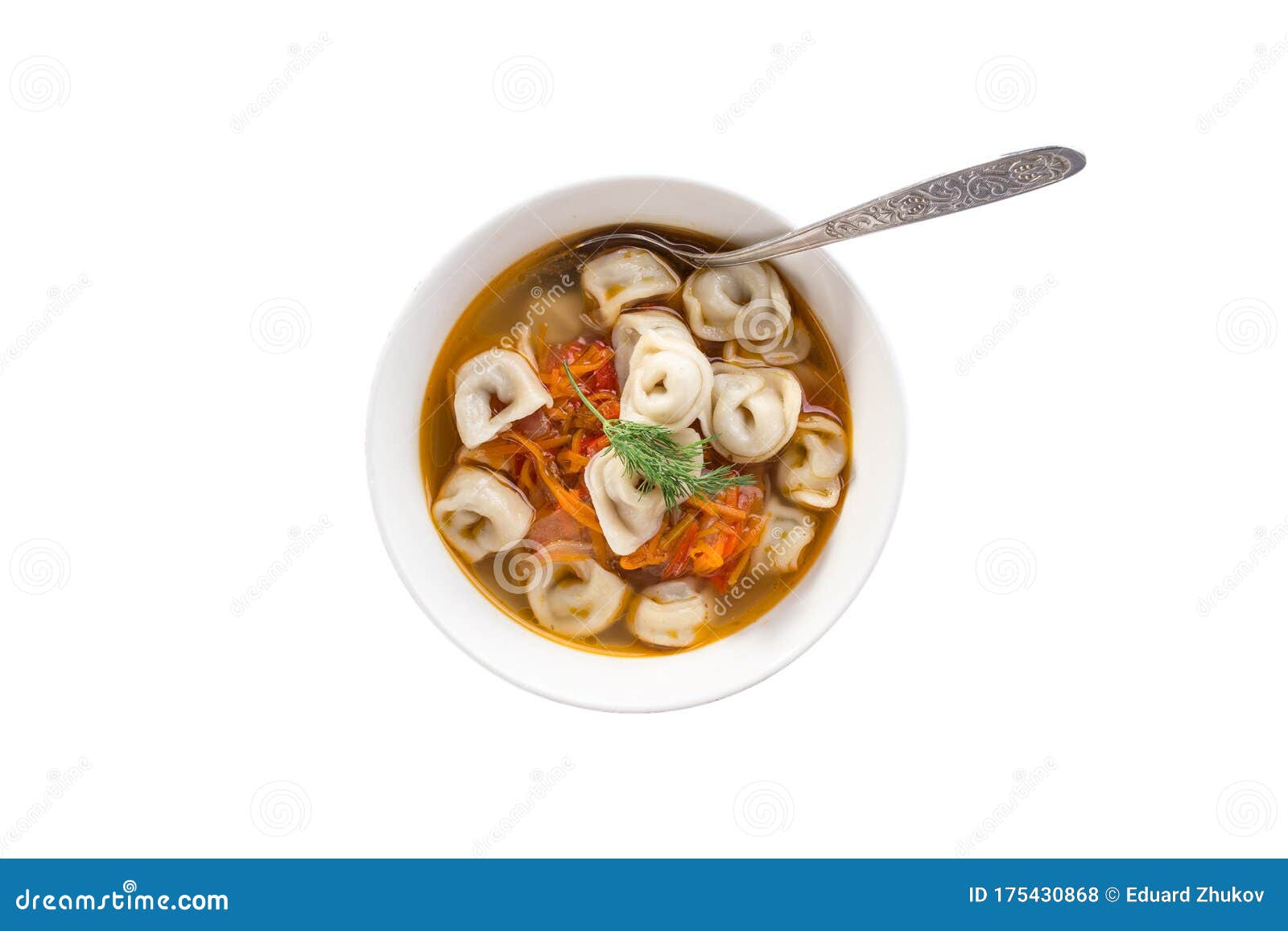 Bouillon with Meat Dumplings in Bowl with Spoon Isolated on White
