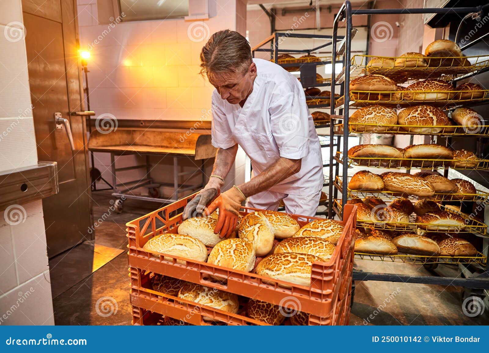 Boulangerie Pile Du Pain Chaud Frais Sur Un Plateau Avec En Toile De Fond  Des étagères De Pâtisserie Dans Une Boulangerie. Product Photo stock -  Image du industriel, effectuer: 250010142