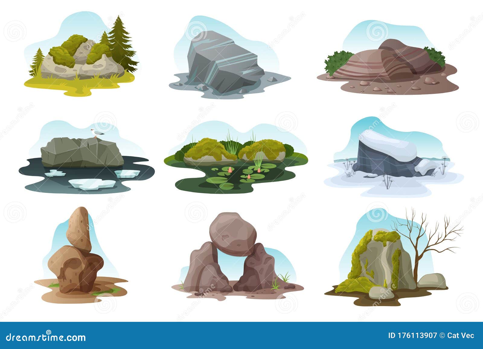 boulder and rock stone    set, cartoon pile of boulders in all nature seasons