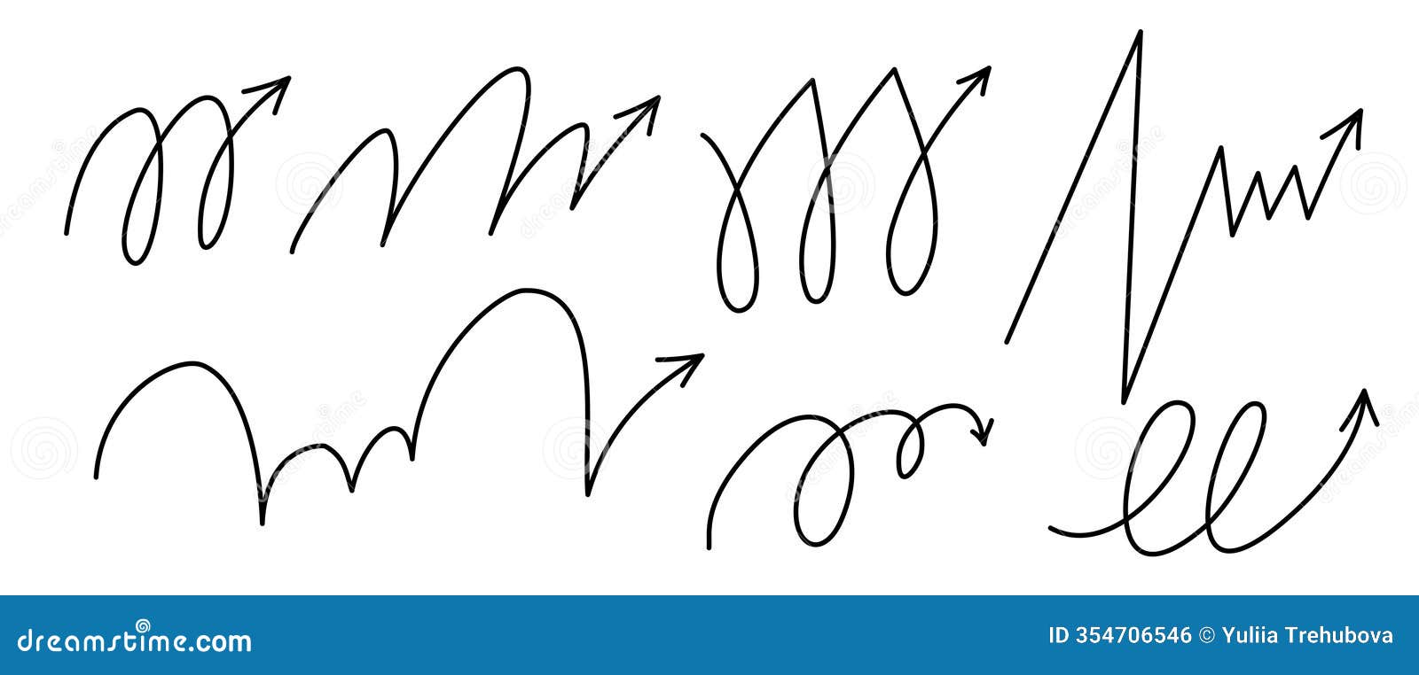 bounce, quirky squiggly arrow lines with spiral and twist s. playful jump hand drawn s. includes ball motion paths