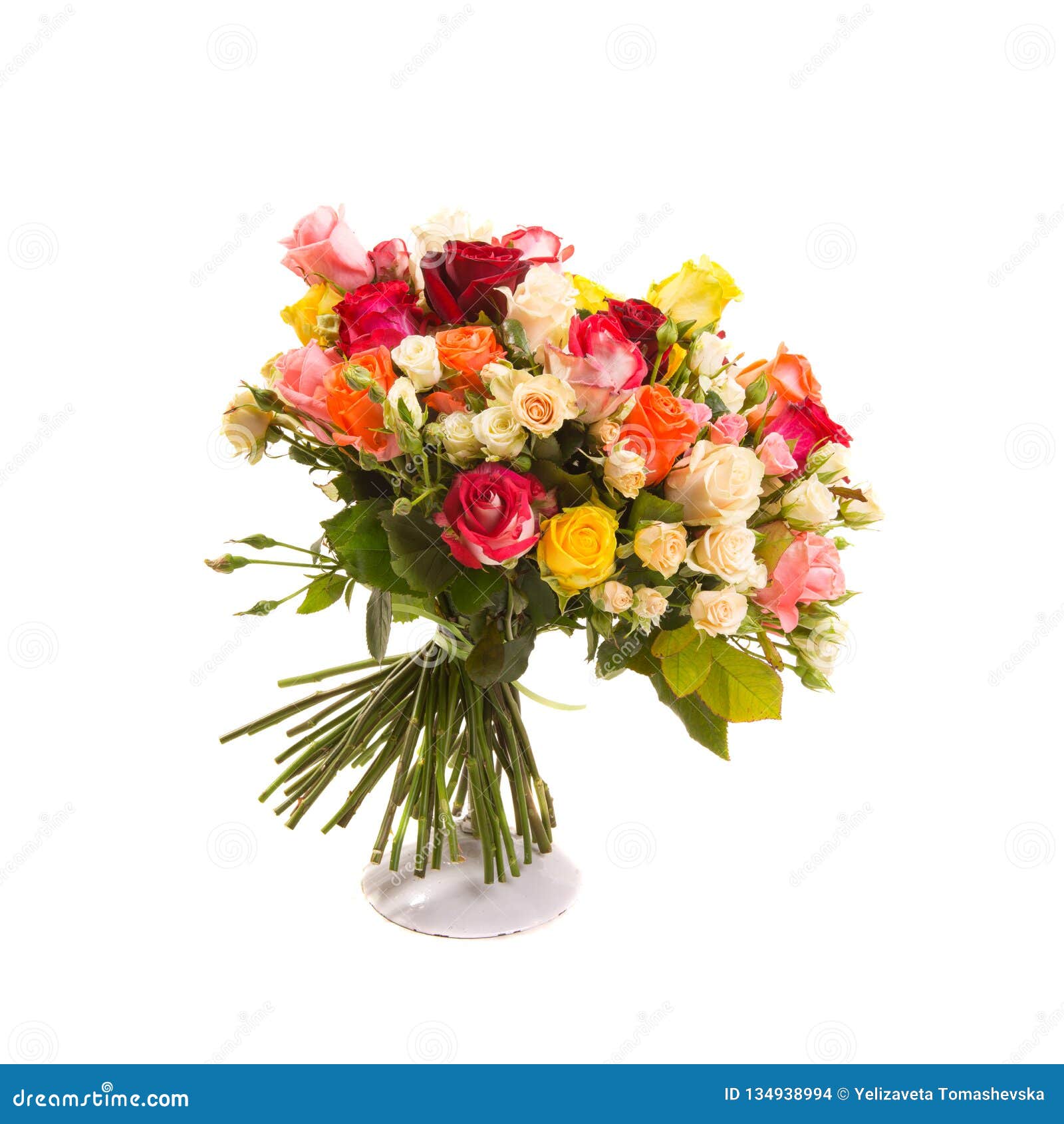 Bouquet of Assorted Multicolored Roses Isolated on White Background